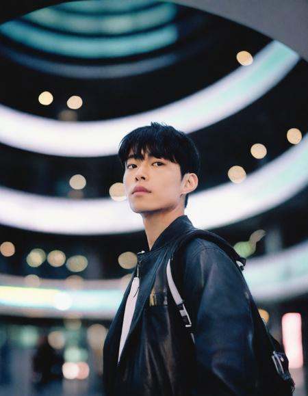A tech-savvy innovator,  his eyes lit up with curiosity and intellect,  framed against futuristic architecture. The photog...
