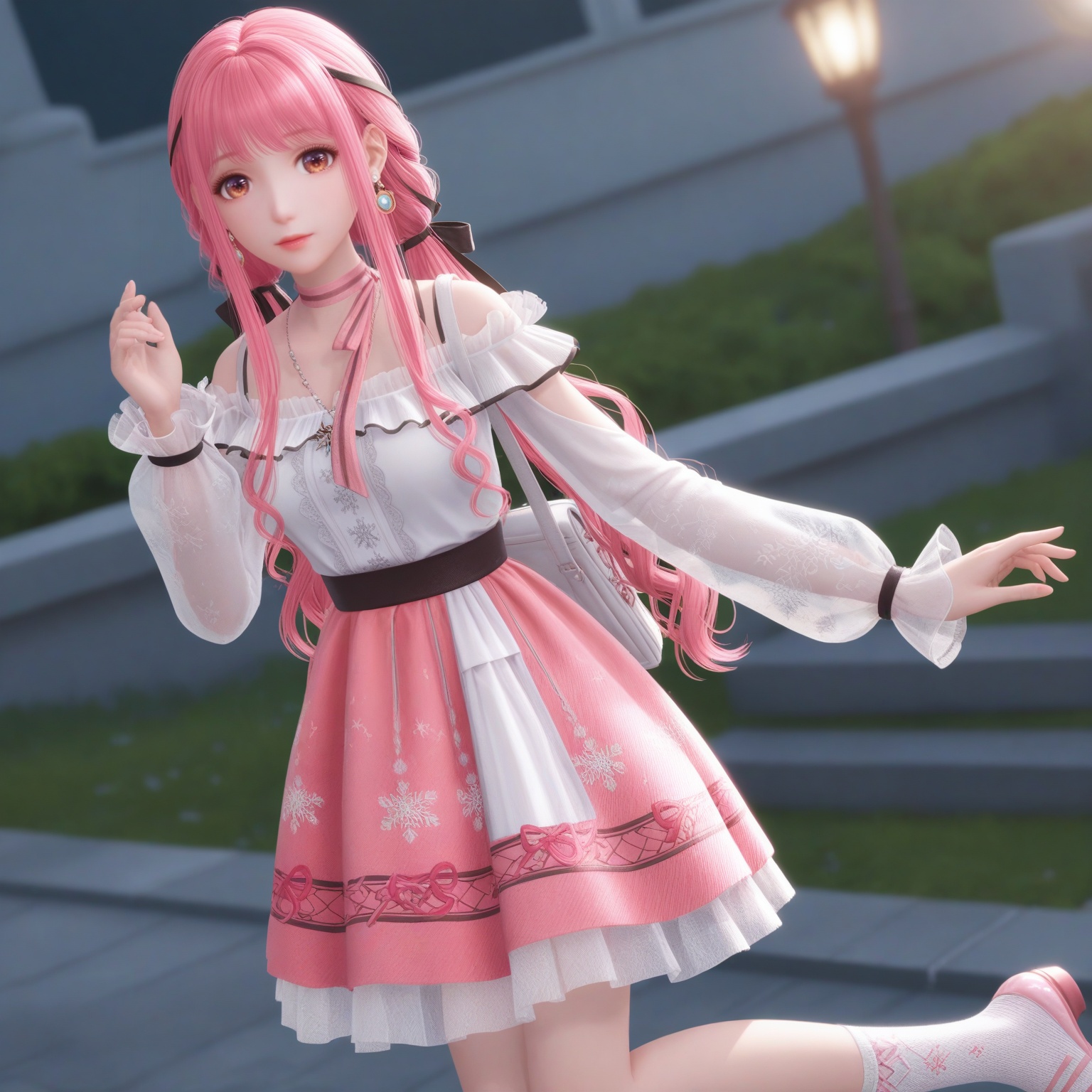 (upper_body:1.1),(huge breasts:0.9),59.<lora:YQponynuannuanV4:0.8>,q1528437228,solo,1girl,long_hair,pink_hair,dress,ribbon,bangs,long_sleeves,hair_ribbon,pink_skirt,jewelry,twintails,brown_eyes,necklace,skirt,choker,pink_eyes,braid,virtual_youtuber,socks,white_shirt,black_ribbon,sidelocks,shirt,floral_print,pink_footwear,shoes,pink_dress,frills,very_long_hair,white_socks,bow,ponytail,pink_ribbon,bag,hair_ornament,bare_shoulders,low_twintails,earrings,hair_bow,,blush,(looking_at_viewer:1.1),BREAKintricate details,shiny_skin,solo focus,(blurry background:1.1),(depth of field:1.1),perfect_anatomy,(cinematic lighting:0.9),(volumetric lighting:0.9),(simple background,pure black background,black background:1.1),