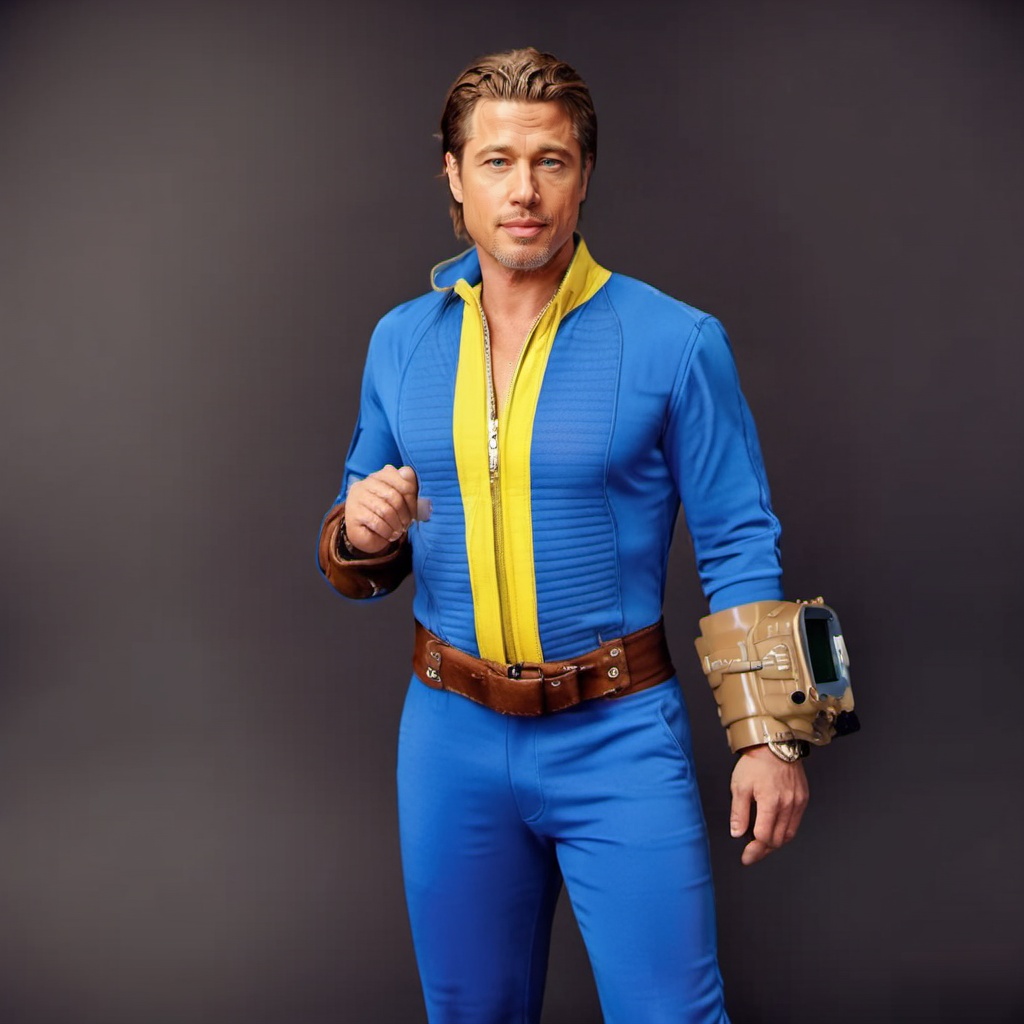 cinematic photo a full body brad pitt wears a blue and yellow jumpsuit,  computer wrist . 35mm photograph,  film on Tensor...