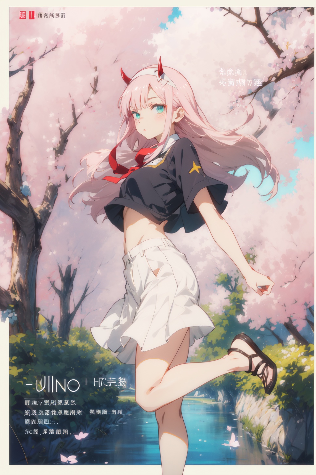 1girl,looking at viewer,solo,anime coloring,long hair,pink hair,straight hair,bangs,white hairband,horns,green eyes,eyeshadow,02_CYQL,<lora:02:0.8:lbw=MIDD>,Frilled crop top matched with a high-waisted satin long skirt and kitten heels,(light_blush jumping full_shot from_side:1.1),beautiful face,beautiful eyes,glossy skin,shiny skin,Cherry blossoms, Garden, Petals, Blossoming trees, Serenity, Zen, Pond, Bridges,Sunflowers, Bees, Rustling stalks, Sunshine, Yellow hues, Summer heat,beautiful detailed sky,beautiful detailed glow,(movie poster:1.2),(border:1.3),(English text:1.4),posing in front of a colorful and dynamic background,masterpiece,best quality,beautiful and aesthetic,contrapposto,female focus,fine fabric emphasis,wallpaper,fashion,depth of field,intricate_detail,finely_detailed,fine_fabric_emphasis,glossy,<lora:增强减少细节add_detail:0.4>,