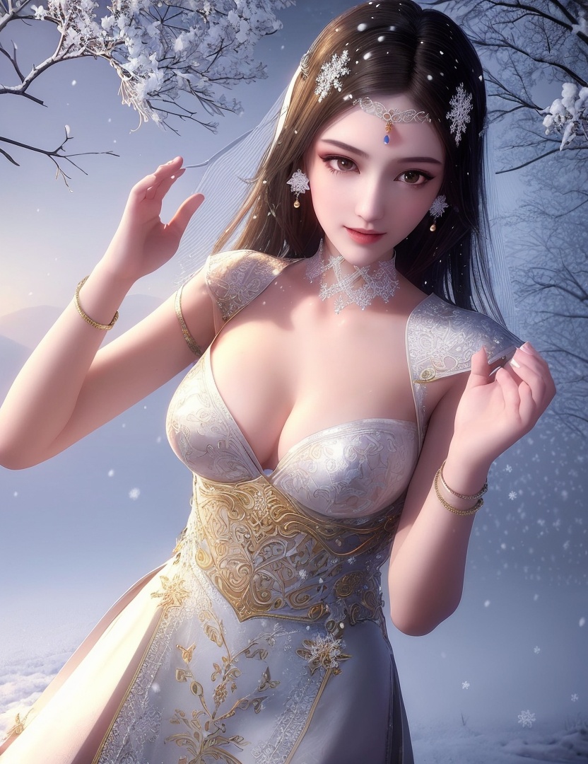 ultra realistic 8k cg, flawless, clean, masterpiece, professional artwork, famous artwork, cinematic lighting, cinematic bloom, perfect face, beautiful face, fantasy, dreamlike, unreal, science fiction,   lace, lace trim, lace-trimmed legwear, luxury, jewelry, diamond, gold, pearl, gem, sapphire, ruby, emerald, intricate detail, delicate pattern, charming, alluring, seductive, erotic, enchanting, hair ornament, necklace, earrings, bracelet, armlet,halo,autumn,((,1girl, pov,best quality, ))  , ((((1girl, solo,outdoors, large breasts,,snowflakes,  snow, snowing,   ))))    <lora:DA_BaiCai:0.7>
