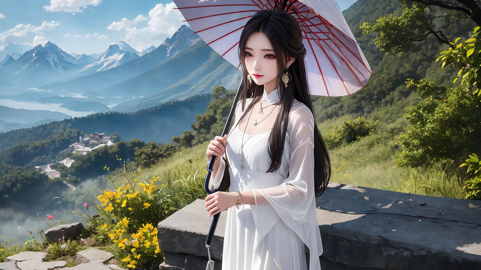 1girl, umbrella, solo, dress, white dress, holding umbrella, jewelry, long hair, black hair, holding, outdoors, chinese clothes, mountain, earrings, necklace, long sleeves<lora:girl solo luxueqi_20240911015355:0.6>,<lora:SD1.5泛光调节_v1.0:0.5>,
