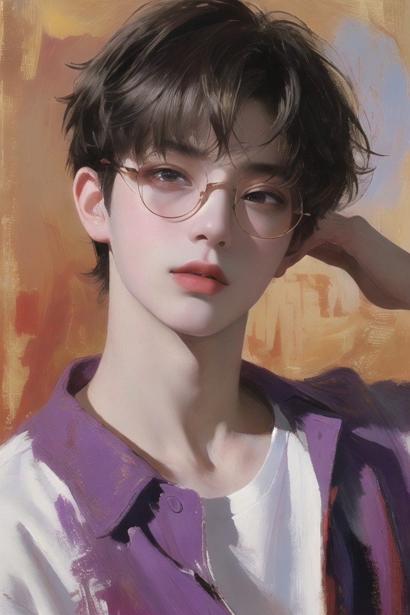 (masterpiece,best quality,ultra_detailed,highres,absurdres:1.2)),1boy, male focus,solo, simple background, upper body, purple shirt,   short hair,parted lips, round eyewear,hand on own shoulder,red background, <lora:man_20240606173732-000005:0.9>((dyeing)),((oil painting)),((impasto)),