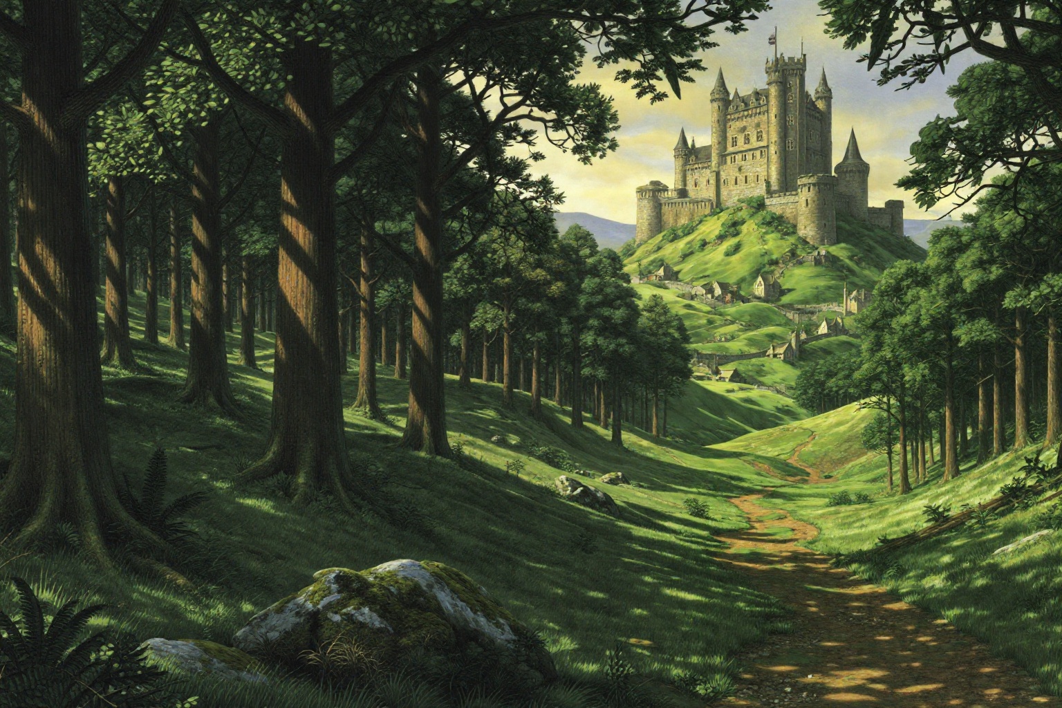 secret_grotesque_fantasy,  a wide painted landscape depicting a lush green forest spreading across rolling terrain,  tall...