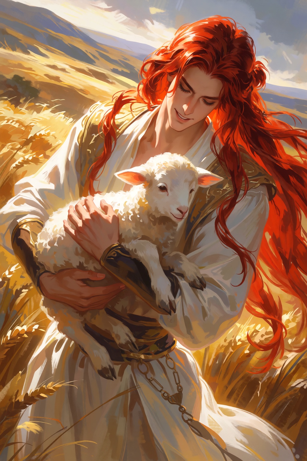 A young man with long,  flowing red hair cradles a small white lamb. The subject wears light-colored,  layered robes with...