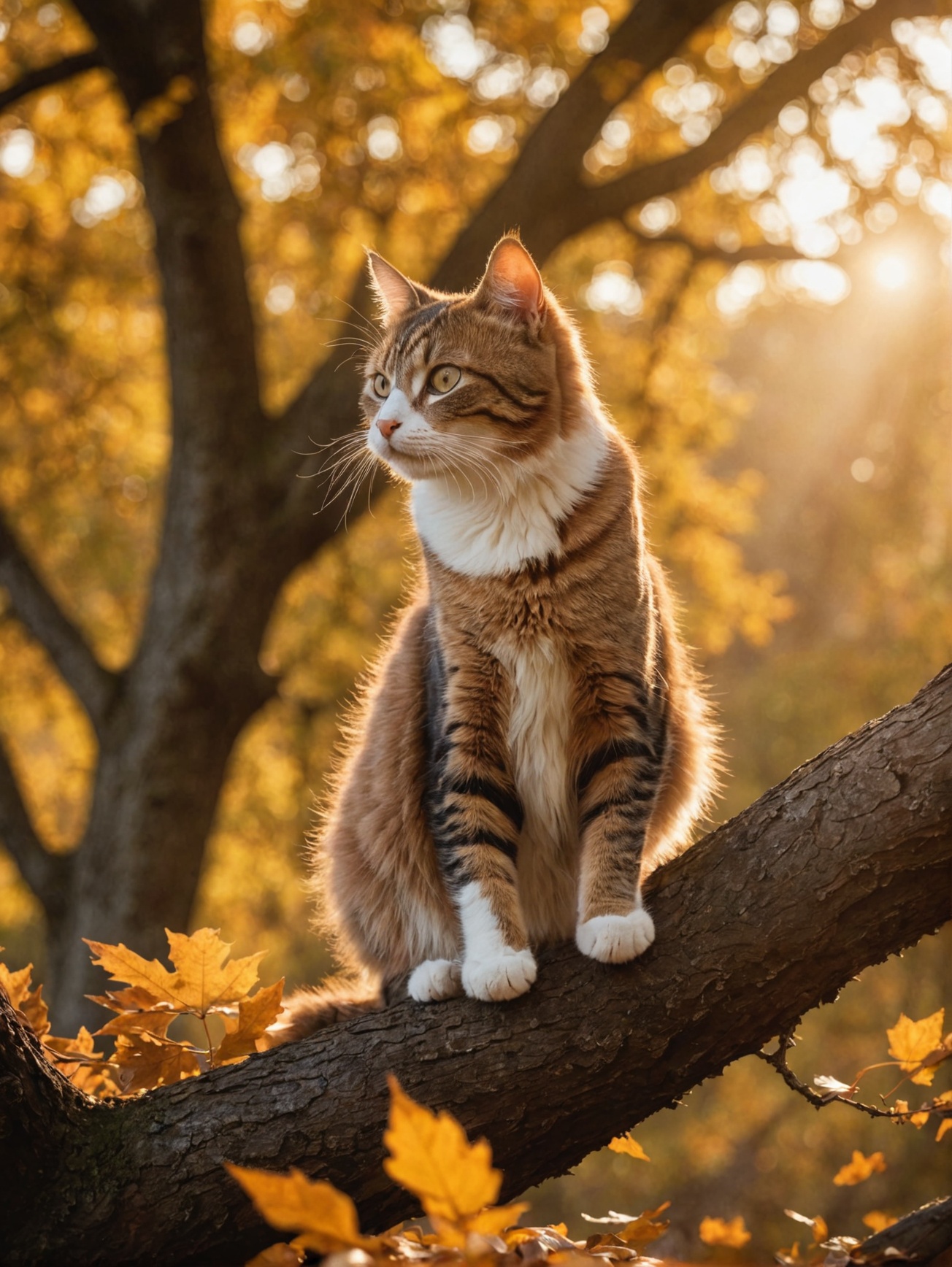 photo of a Cat poised gracefully atop an ancient oak tree, autumn leaves fluttering around, golden hour casting long shadows, backlit, sharp focus on feline, bokeh effect on background foliage, cinematic film still,