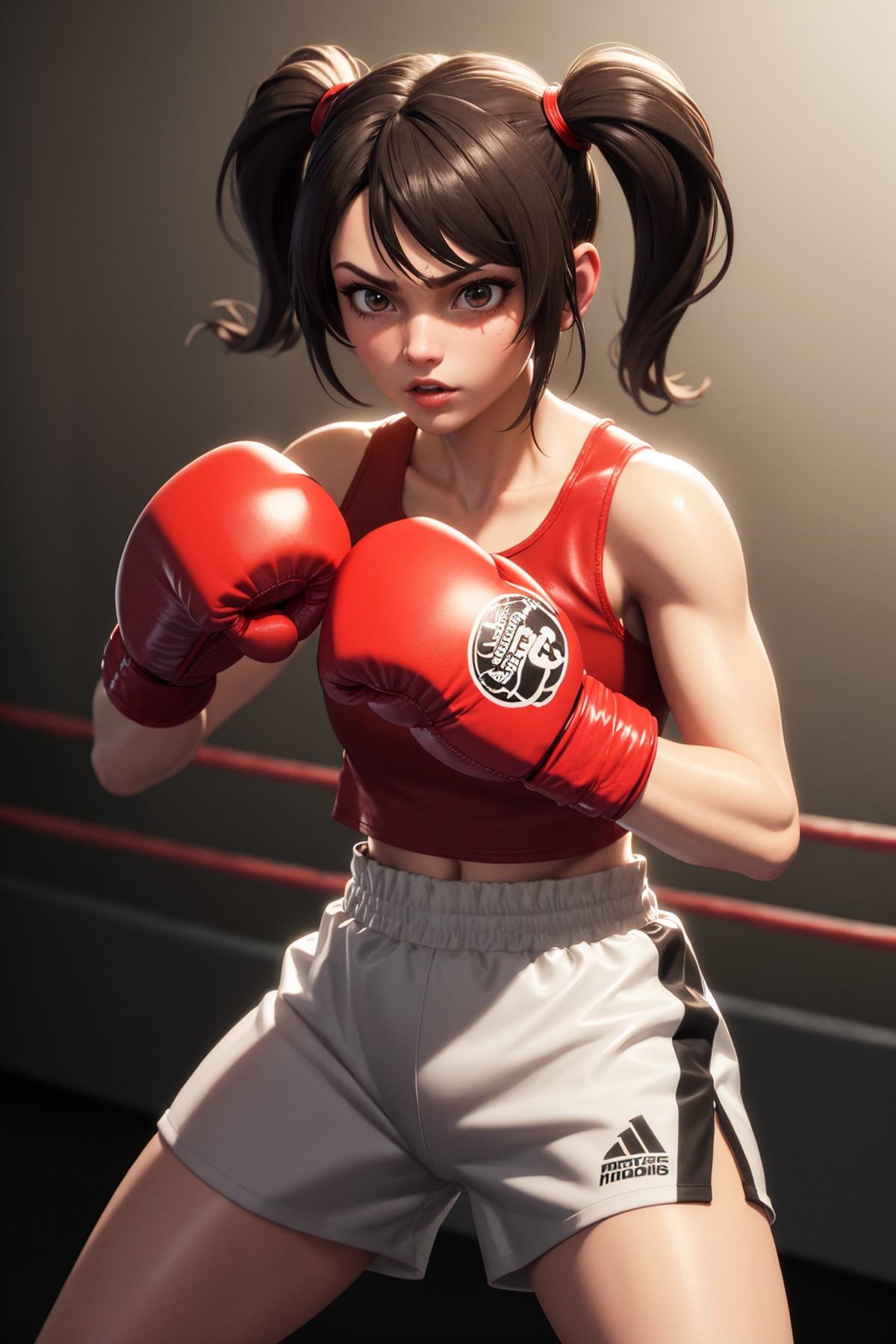 (masterpiece, best quality:1.2), highly detailed, unreal engine render, intricate, ultra hd, 1girl, solo, fighting stance, boxing gloves, boxing shorts, twintails,