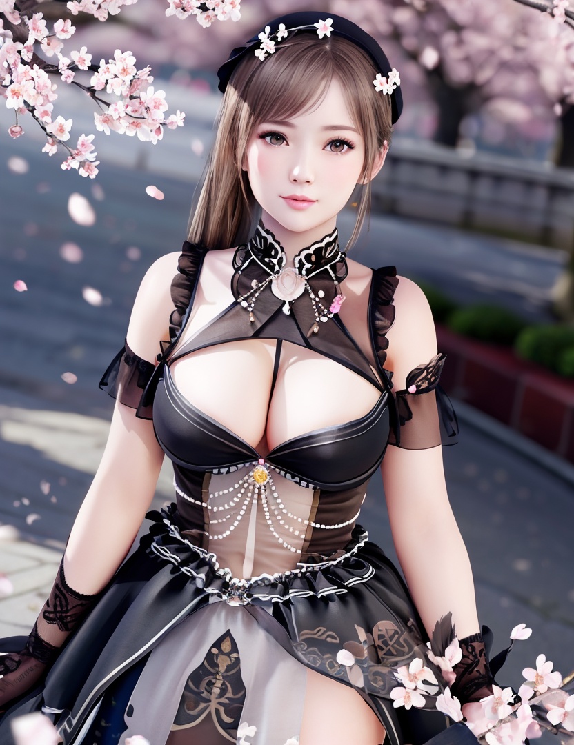realistic, masterpiece, (,1girl, pov,best quality, ) , (,1girl, solo, large breasts, looking at viewer, cherry blossoms, )  <lora:Amy202010Halloween:1>