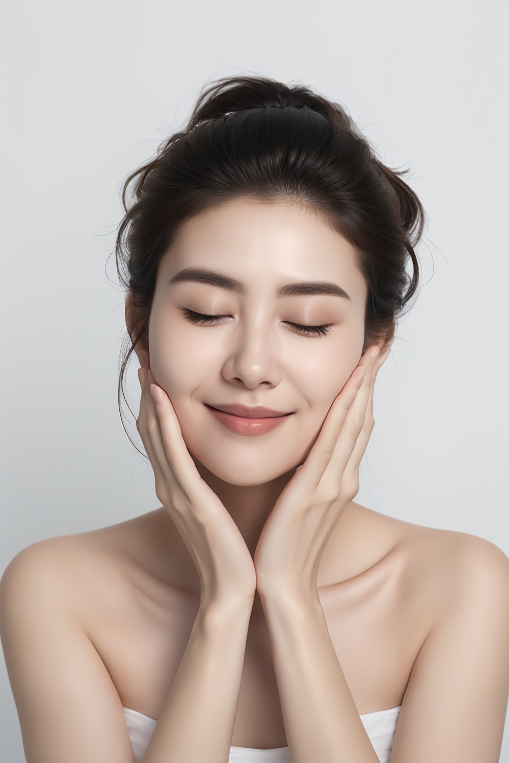 1girl, solo, smile, Disk hair, black hair, Portrait, bare shoulders, Front, Smile, closed mouth, realistic, hands on own face, white background<lora:yiling:0.65>