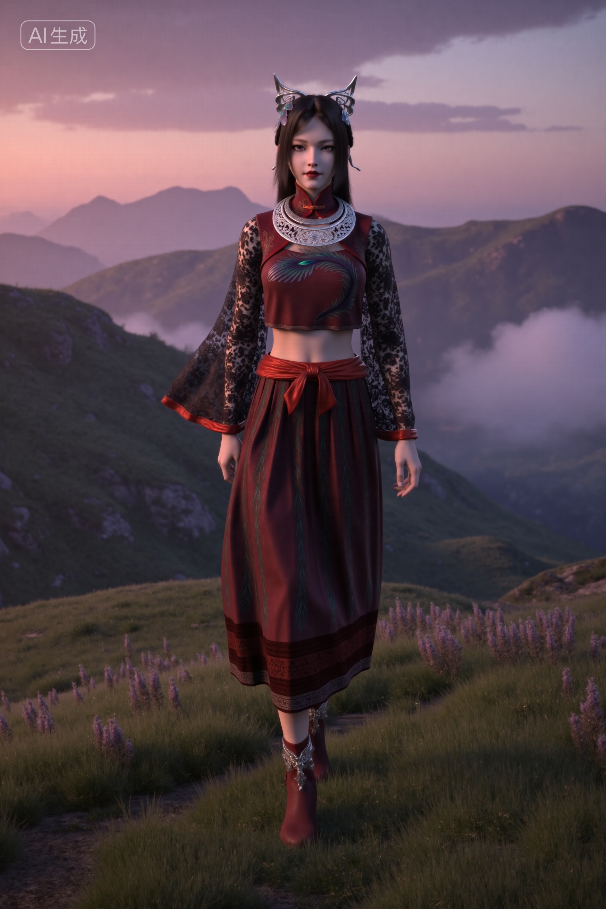 YuMo,JJ,, full body,walking directly toward the viewer on a grassy hill at sunset,slender and elegant figure,long legs,graceful stride,arms swinging naturally,long straight black hair flowing softly with delicate side braids,ornate silver cat-ear headdress adorned with iridescent blue-green feathers,heterochromia (left eye turquoise blue, right eye crimson red),full crimson lips,fair luminous skin,serene and confident expression.,, Wearing a cropped burgundy cheongsam with intricate peacock feather embroidery across the chest,black lace sleeves with floral patterns,wide red satin sash tied in a bow at the waist,matching burgundy pleated midi-length skirt with vertical peacock feather motifs,wine-red ankle boots with intricate silver vine-like embellishments at the ankles,detailed silver neck rings.,, Background: a sweeping view of mist-covered mountain ranges at sunset,foreground lush with green grassy hills dotted with vibrant wildflowers—predominantly purple and white—midground layered with ethereal clouds drifting over undulating peaks,background sky glowing in a gradient from deep purples at the horizon to warm oranges and pinks,wispy cirrus clouds adding depth,tranquil and majestic natural paradise,golden-hour cinematic lighting,shallow depth of field,ethereal atmosphere.,, Negative prompt: ng_deepnegative_v1_75t,(badhandv4:1.2),EasyNegative,(worst quality:2),,nsfw, Steps: 30, Sampler: Euler, CFG scale: 3.5, Seed: 1100702985, Size: 1024x1536, Model hash: 0734f0ab2a, Model: F.1 模型下载版-黑暗森林工作室_fp16.sft, Denoising strength: 0.4, RNG: CPU, Lora 1: 20251105-1762362525734-0010, Lora Hash 1: 9961b4e9ee, Lora Weight 1: 0.8, vae_name: automatic, Hires resize: 2048x3072, Hires steps: 30, Hires upscaler: 8x-NMKD-Superscale