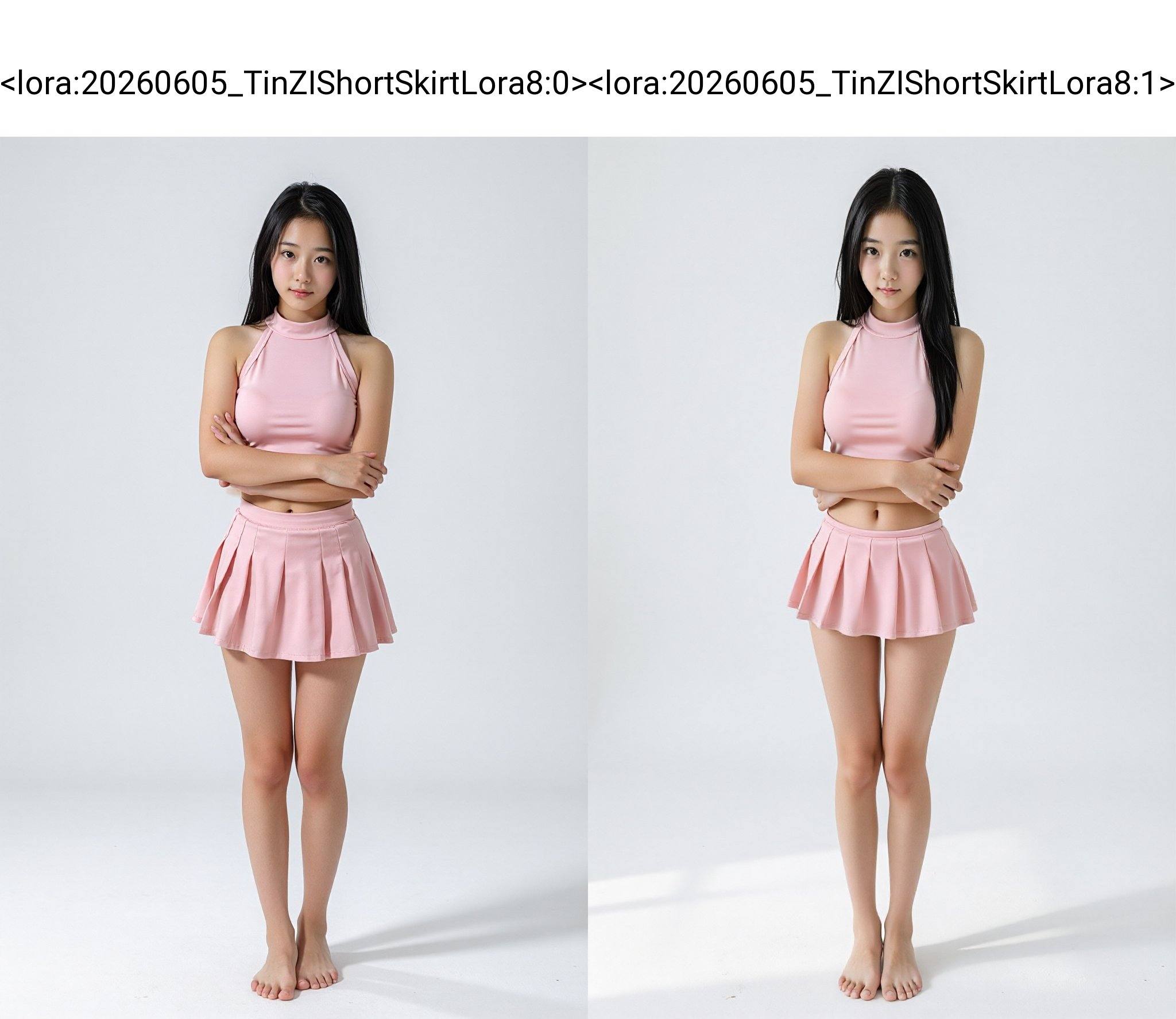 a young woman with long,  straight black hair stands in a full-body pose against a pure white background. She wears a ligh...