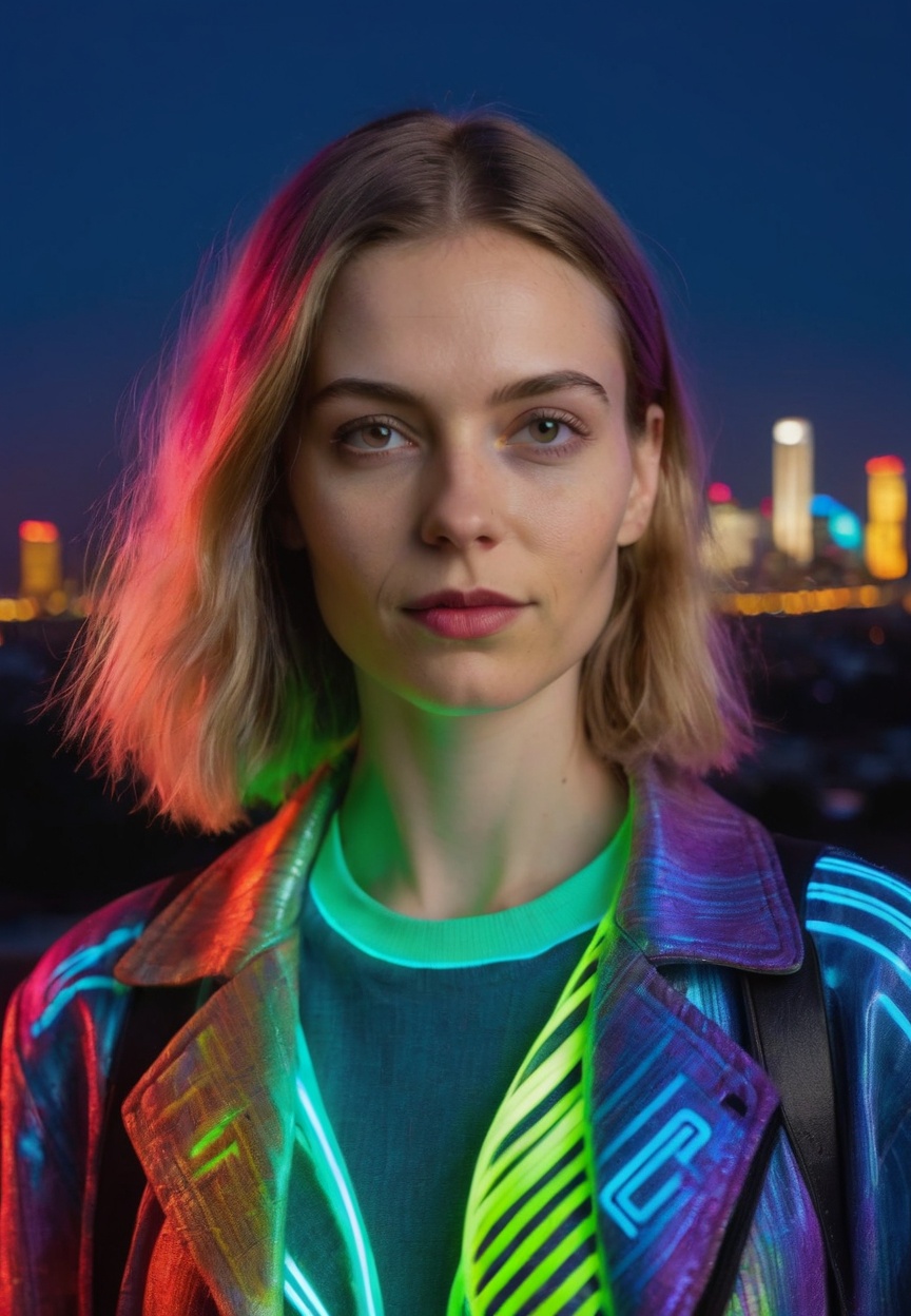 a 20 years old woman in a colorful outfit posing for a picture in front of a city skyline at night with a neon light,  Ale...