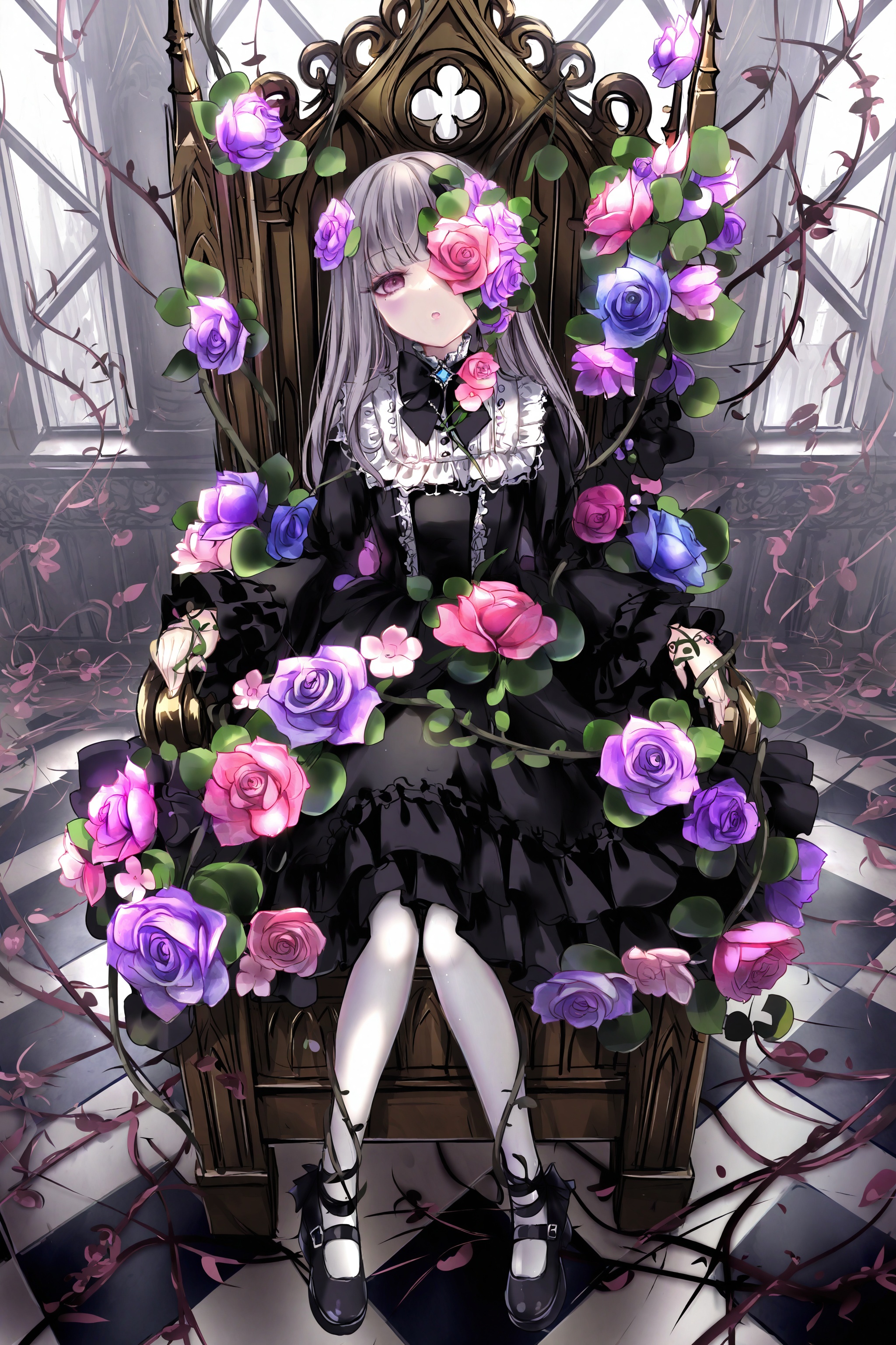 best, 1girl, flower, solo, lolita fashion, black dress, dress, purple flower, black footwear, gothic lolita, throne, rose, sitting, frills, vines, frilled dress, long hair, flower over eye, pantyhose, grey hair, black bow, looking at viewer, purple rose, white pantyhose, long sleeves, pink flower, full body, hair flower, mary janes, black bowtie, pink rose, checkered floor, shoes, plant, bow, red flower, purple eyes, hair ornament, bowtie, red rose, frilled sleeves, pink eyes, open mouth, parted lips, thorns, doll joints, one eye covered, goth fashion, ribbon, leaf, blunt bangs, head tilt, jewelry, chair, black ribbon <lora:lp27New.up1-000038:1>