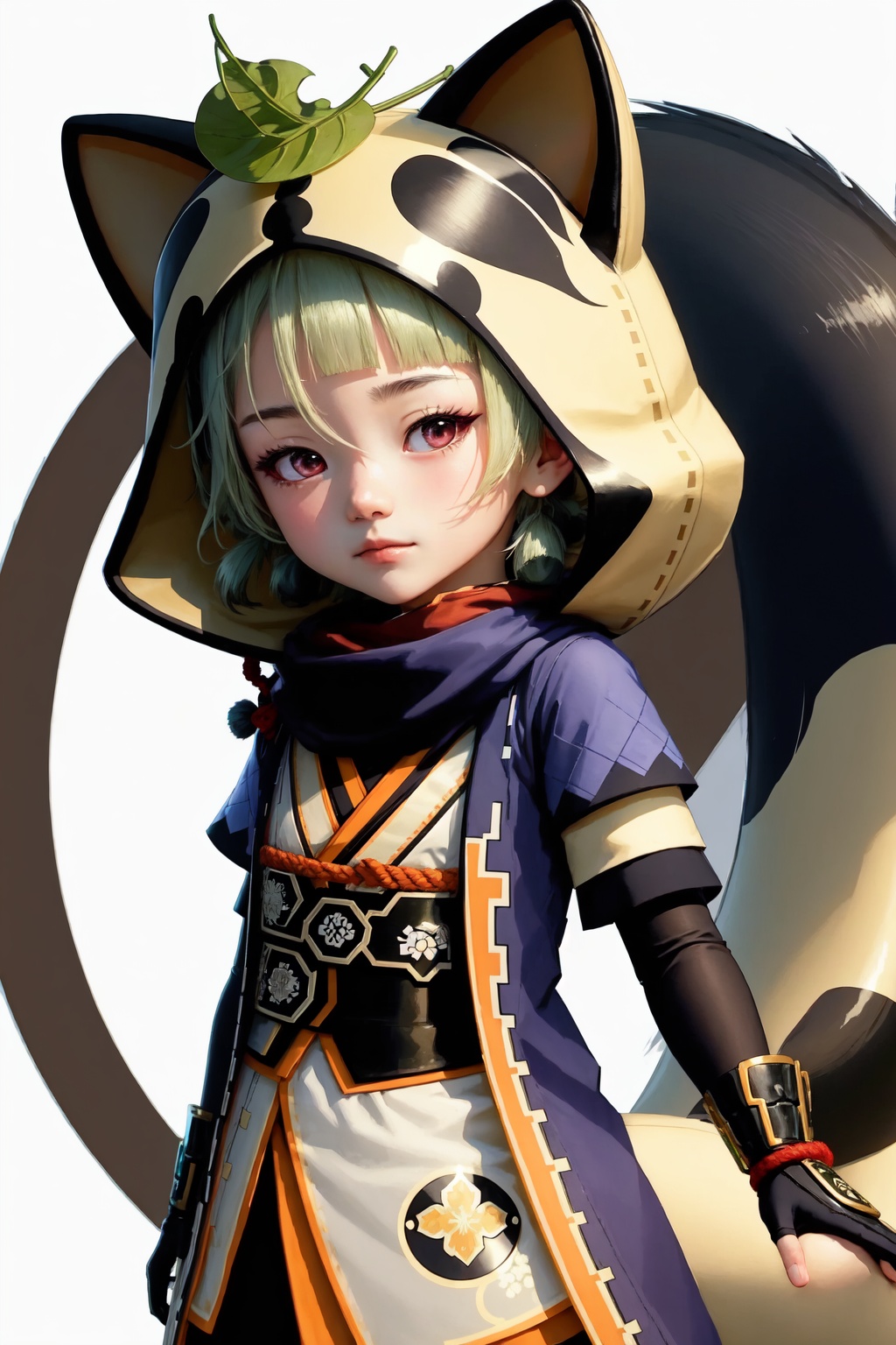 sayu_(genshin_impact),1girl,solo,short_sleeves,simple_background,fake_tail,raccoon_tail,looking_at_viewer,leaf_on_head,black_gloves,fingerless_gloves,animal_hood,japanese_clothes<lora:sayu_(genshin_impact):1>,simple background,white backgroundmasterpiece,best quality, highly detailed, 