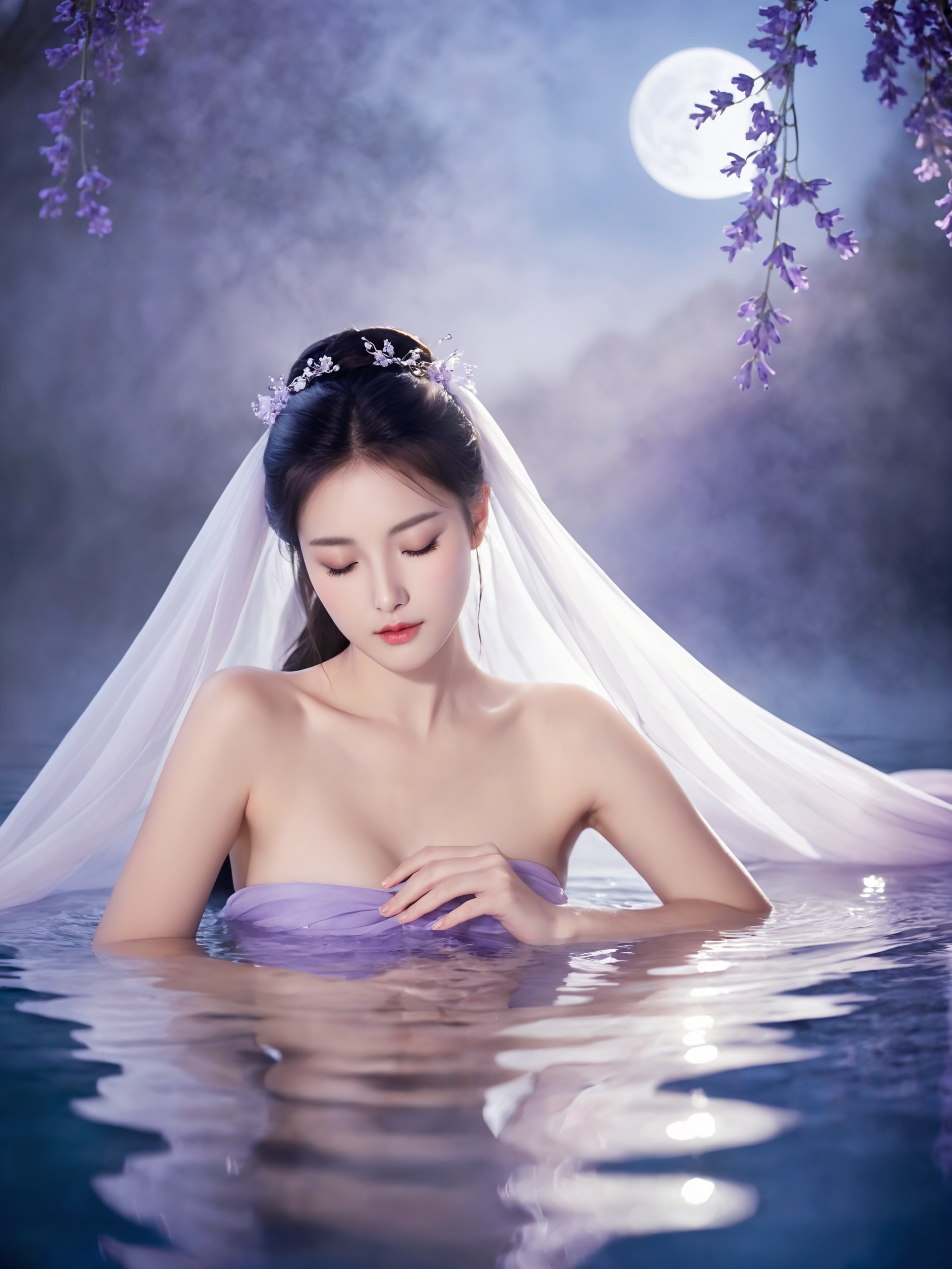 Under the caress of the moon,a woman bathes in a tranquil pool,her Hanfu of lavender a vision of tranquility. The water's gentle lapping against her skin is echoed by the soft mist that rises,creating a veil that obscures yet reveals. The scent of the night mingles with the light fragrance of the lavender,wrapping her in a cocoon of serene sensuality.,