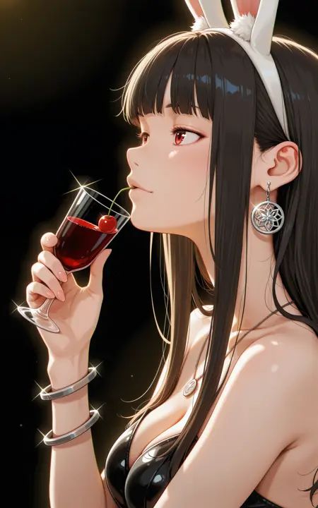 masterpiece,best quality,1girl,solo,absurdres,1girl,cosplay,realistic,animal ears,bangle,bare shoulders,black background,black hair,blunt bangs,bracelet,cherry,cocktail pick,cup,dispersion (optics),drinking glass,earrings,fingernails,food,from side,fruit,glint,holding,holding cup,jewelry,long hair,nail polish,necklace,rabbit ears,red eyes,ring,sidelocks,solo,sparkle,<lora:dmd2 4 steps color fix:1>,