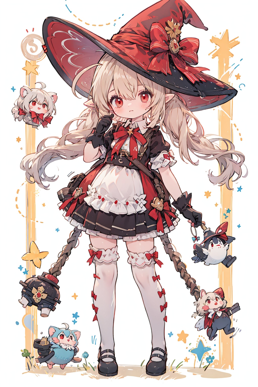 keli,1girl,solo,pointy ears,hat,twintails,witch hat,depth of field,looking at viewer,red eyes,low twintails,hair between eyes,thighhighs,bowtie,red headwear,red bow,mary janes,Black gloves,finger_to_mouth,pigeon-toed,standing,black footwear,white thighhighs,light brown hair,evil smile,ahoge,cuteloli,372089,<lora:huazhukeli_V1.4:0.5>,<lora:kincora_v1:0.4>,<lora:cutemix:0.3>,<lora:ciloranko_cyan:0.4>,<lora:clearloli_v1.1_lbw:0.5>,