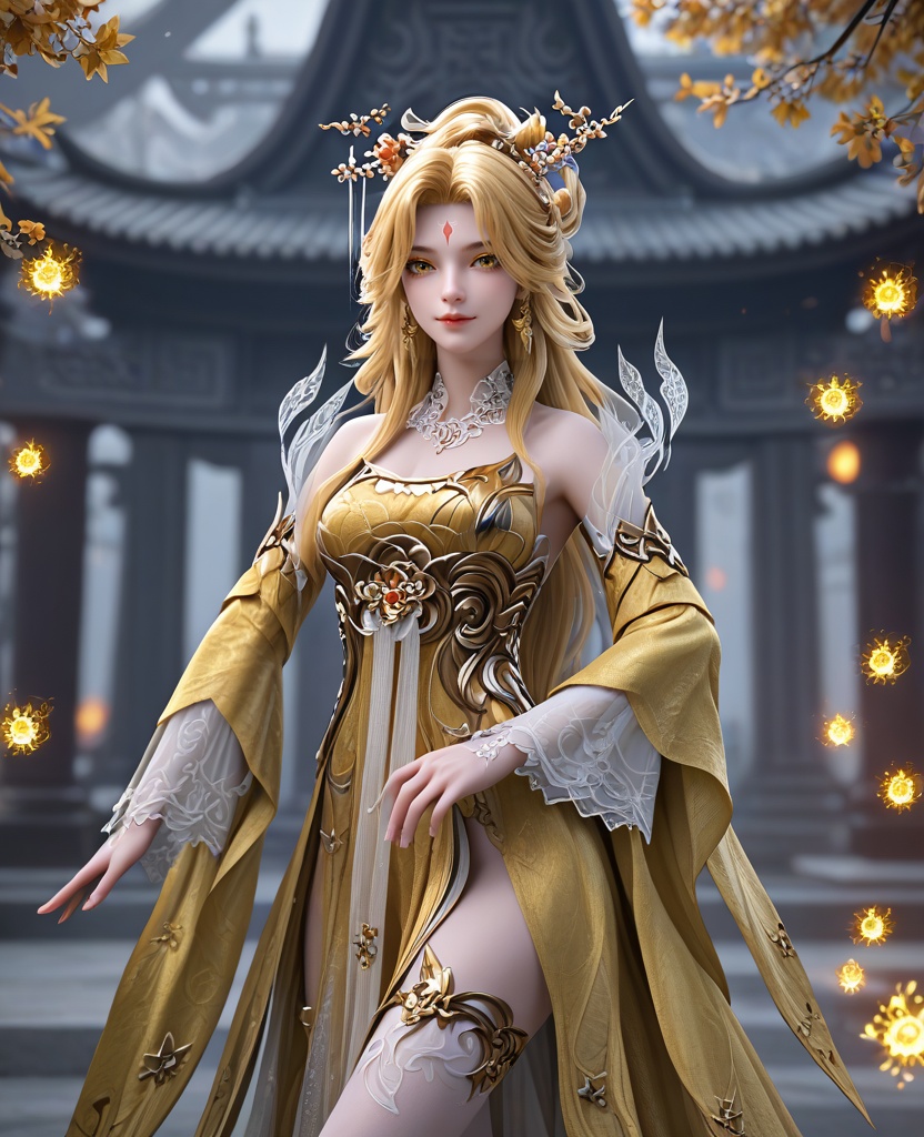 (oriental architecture, elegant decor, sophisticated style:1.1),Gazing over a raised shoulder, a hint of a smile on her lips, she emanates coyness and playful allure,(breasts:1.2),<lora:XL16完美世界黄金花女子:0.95>,1girl,yellow dress,yellow eyes,yellow eyeshadow,forehead mark,blonde hair,very long hair,hair ornament,princess half-up hairstyle with long cascading hair,wide flowing sleeves,white thighhighs,sash,, zPDXL2, score_9, score_8_up, score_7_up BREAK realistic, masterpiece,best quality, highly detailed,, zPDXL3, zPDXL2,zPDXL, zPDXLxxx, zPDXLrl,