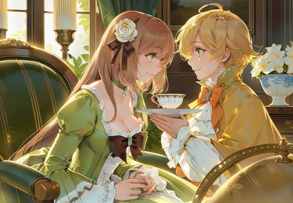 (best quality), ((masterpiece)), (highres), illustration, original, extremely detailed,  <lora:ACG ART_Vl:0.7>1girl, cup, 1boy, teacup, flower, dress, hair ornament, yellow eyes, bow, blonde hair, hair flower, holding, green dress, sitting, chair, indoors, smile, looking at another, long hair, holding cup, saucer, long sleeves, ribbon, breasts, choker, brown hair, ahoge, profile, candle, cleavage, short hair, bangs, blue eyes, eye contact