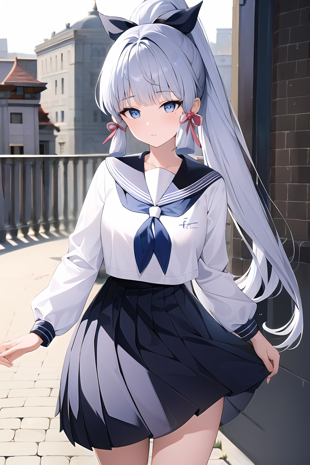 (masterpiece, best quality:1.2),insanely detailed,absurdres,ultra-highres,ultra-detailed,best quality,slender,kawaii,perfect symmetrical face,ultra cute girl,ultra cute face,ultra detailed eyes,ultra cute,ultra beautifu,<lora:kamisato ayaka-000008:1>,kamisato ayaka \(heytea\),kamisato ayaka,1girl,solo,school uniform,grey eyes,black footwear,breasts,blue hair,ribbon,white socks,hair ribbon,long sleeves,sailor collar,ponytail,serafuku,pleated skirt,mole under eye,white sailor collar,alternate costume,long hair,blue skirt,outdoors,standing,