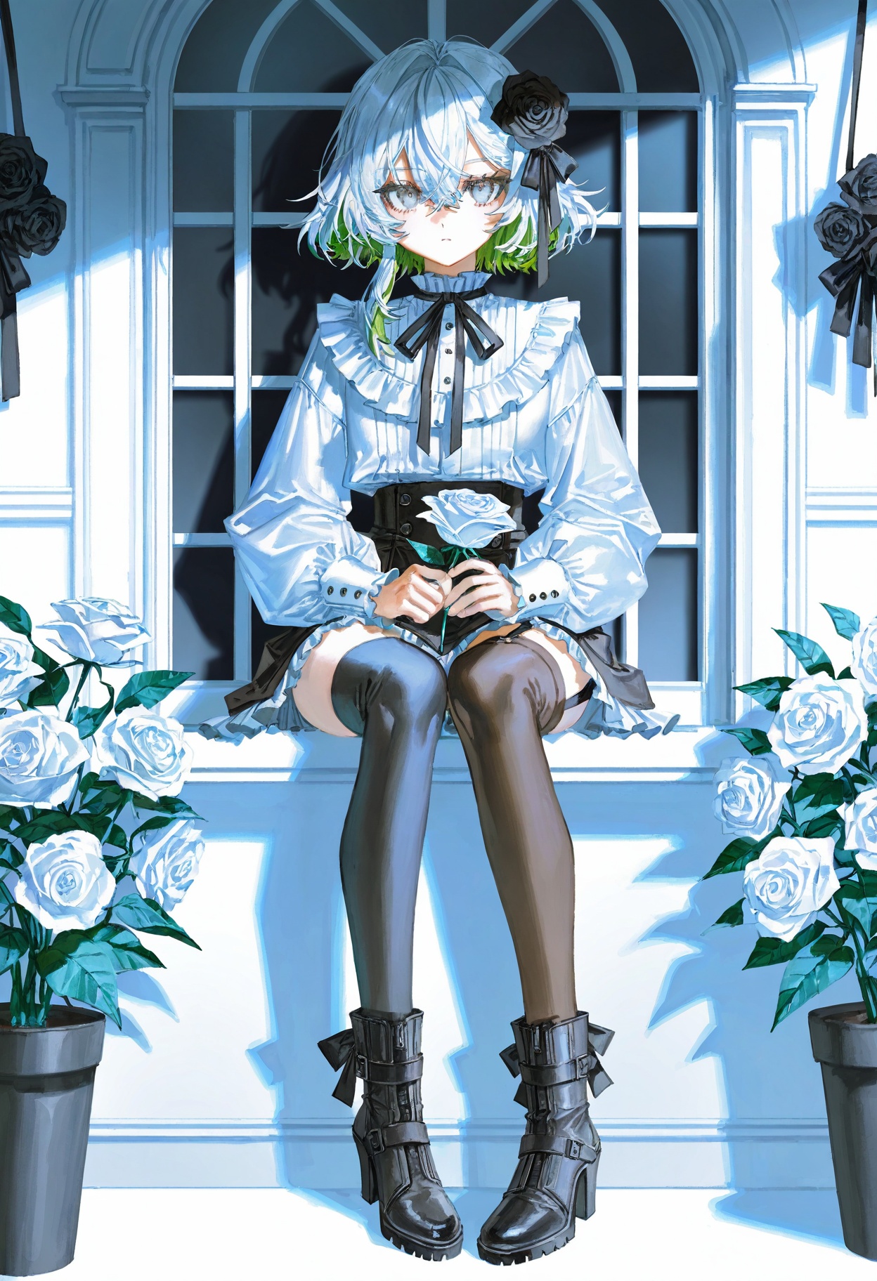 solo,flower,1girl,plant,sitting,hair ornament,white hair,thighhighs,high heels,looking at viewer,black footwear,holding,multicolored hair,hair flower,grey eyes,rose,long sleeves,white flower,green hair,ribbon,holding flower,asymmetrical legwear,black flower,window,black thighhighs,long hair,full body,black ribbon,boots,shirt,short hair,hair between eyes,white shirt,extreme aesthetic,(quasarcake:0.7),masterpiece,best quality,good quality,newest,year 2024,year 2023,very aesthetic,absurdres,