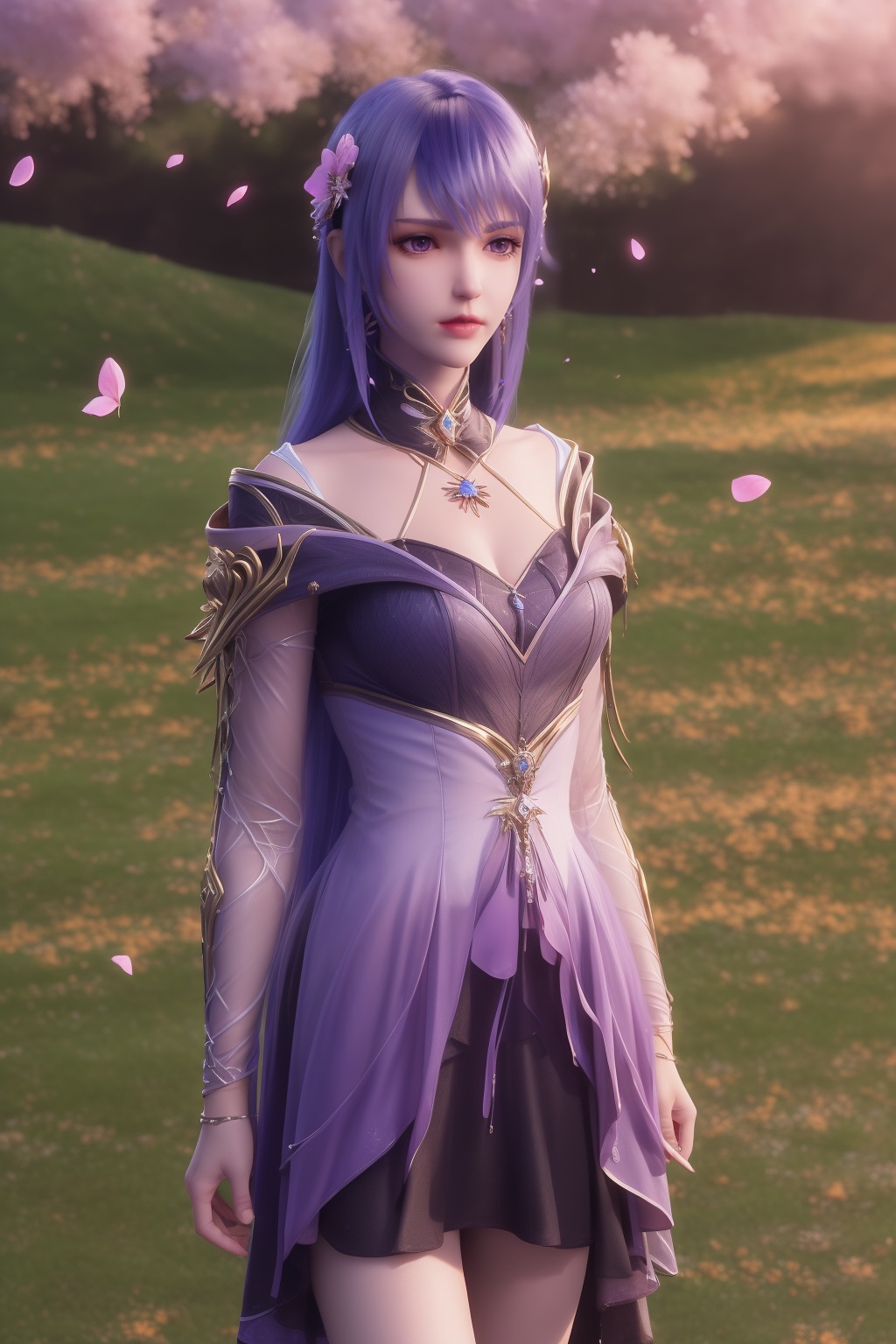 (8k, RAW photo, best_quality),(masterpiece:1.2),(realistic:1.2),(photorealistic:1.3),(ultra-detailed),(extremely_detailed_cg_8k_wallpaper),(crystal_texture_skin:1.3),(shiny:1.2),(shiny_skin:1.4),(extremely_delicate_and_beautiful),petals,flower,sky,cherry blossoms,falling petals,fair skin,shenfengShengCaiEr,1girl,solo,armor,dress,torogao,breasts,large breasts,lipstick,blue hair,hair flower,bare legs,standing,jewelry,hair ornament,earring,necklace,realistic,looking at viewer,<lora:shenfengShengCaiEr_20240714153042-000004:0.7>,