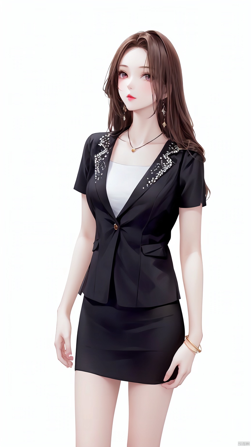 1girl, solo, long hair, looking at viewer, skirt, simple background, brown hair, black hair, white background, jewelry, short sleeves, cowboy shot, earrings, black skirt, necklace, bracelet, formal, pencil skirt, Pink lips——Clear hand contour,Hand intact,Five fingers of the hand are clear, loli, ((poakl))<lora:EMS-93-EMS:0.800000>, <lora:EMS-254762-EMS:0.500000>, <lora:EMS-346315-EMS:0.800000>