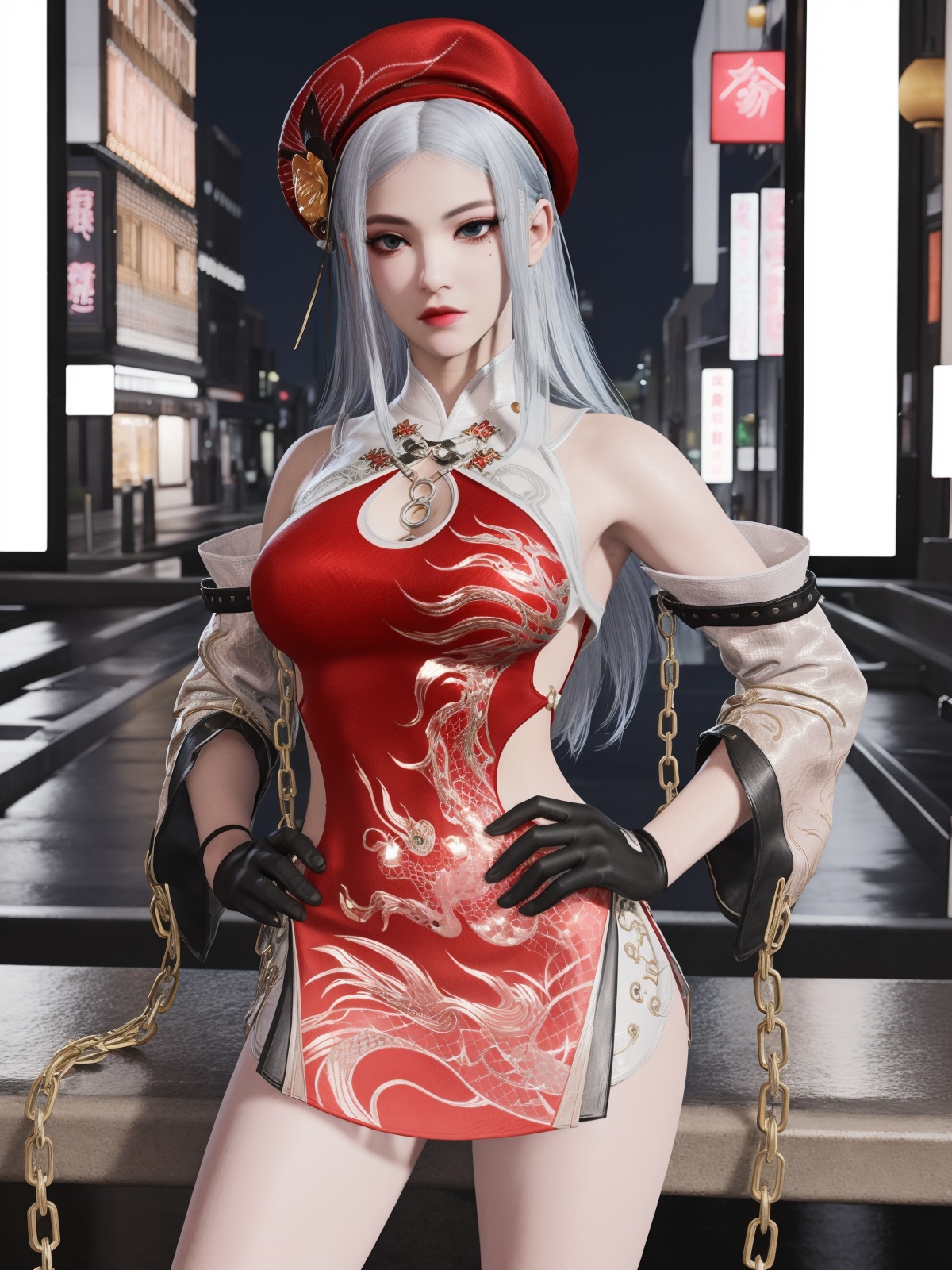 YJWJjiyingyingDHSC, 1girl, solo, boots, dress, hat, long hair, chain, white hair, detached sleeves, black gloves, see-through, short dress, lips, clothing cutout, bare shoulders, chinese clothes,  <lora:YJWJjiyingyingDHSC:0.75>,cityscape, night, hand on hip, mole under eye,blue eyes,beret,eyelashes, 