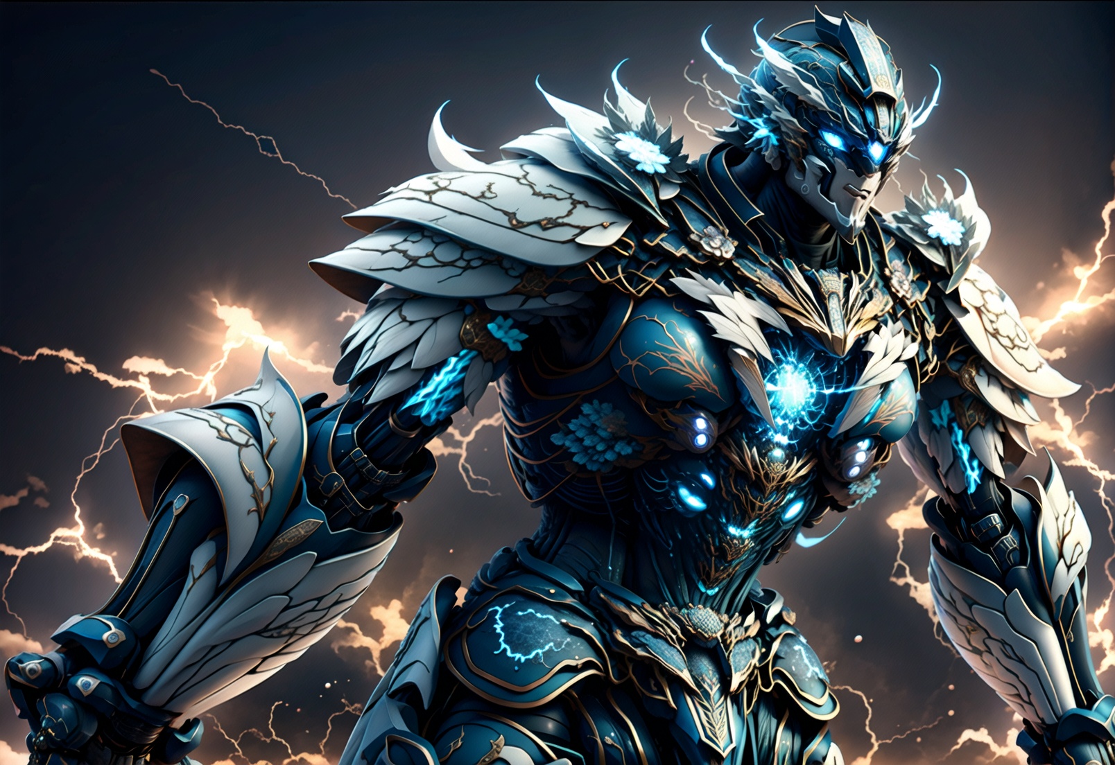 blue and black,<lora:诡异服装:0.7>,Glowing particles,lightning,thunder,electric,(mecha),<lora:不是青花瓷第三代-但是机甲:0.7>,(Urban background:1.5)
