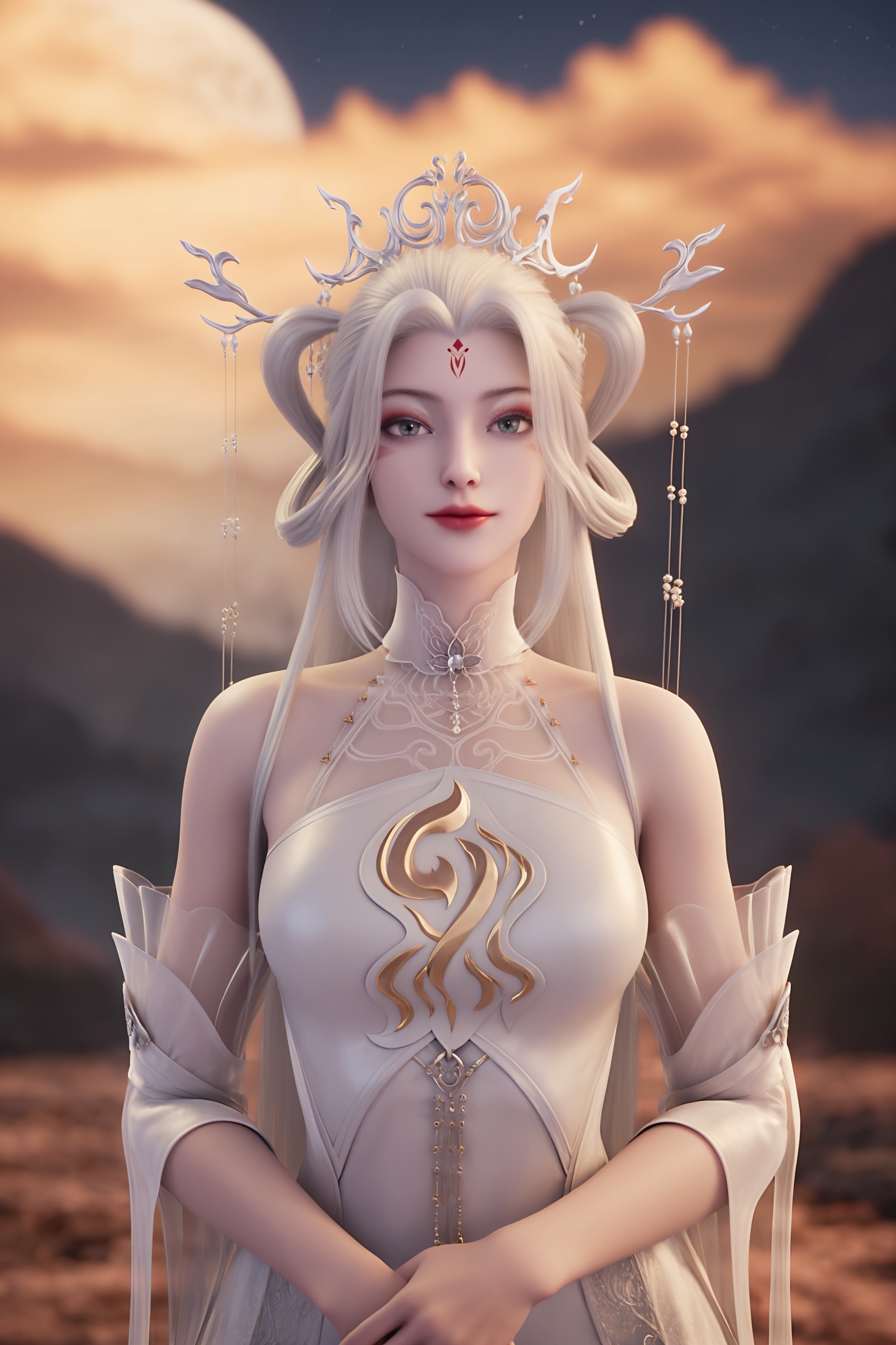 1girl,solo,shiny,shiny_hair,upper_body,fair_skin,white_skin,shiny_skin,shiny,Ivory_skin,looking at viewer,cinematic lighting,volumetric lighting,solo focus,blurry background,depth of field,night,sky,night sky,full moon,moonlight,<lora:诛仙3-小白Pony:0.7>,1girl,long,flowing white hair,ornate crown,pale skin,form-fitting,white,sleeveless dress with intricate gold designs,high collar,
