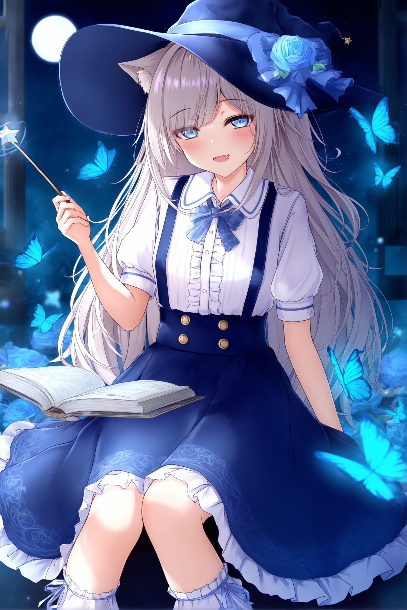 Monaka Curl,1girl,witch hat,hat,solo,book,smile,shirt,skirt,white shirt,long hair,short sleeves,puffy sleeves,butterfly,bug,holding,wand,bow,blue bow,:d,frills,puffy short sleeves,frilled skirt,flower,holding wand,very long hair,blush,socks,suspenders,blue skirt,blue flower,suspender skirt,rose,sitting,looking at viewer,collared shirt,hat flower,night,animal ears,grey hair,one side up,moon,feet out of frame,blue rose,center frills,star \(symbol\),full moon,black headwear,frilled socks,open book,star \(sky\),window,hat bow,white socks,blue butterfly,open mouth,night sky,witch,starry sky,