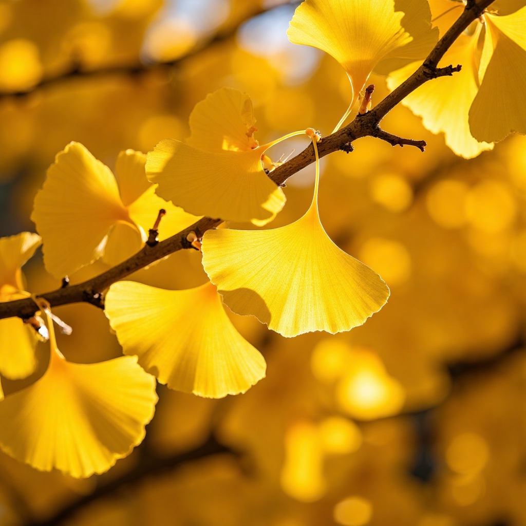 yinxingye,yinxingye,The golden ginkgo leaves shimmer softly in the sunlight, with fine golden edges outlined on the edges. The texture of the branches is clearly visible, and the background is blurred into a warm halo. The close-up shot perfectly presents the layers and vitality of autumn leaves.