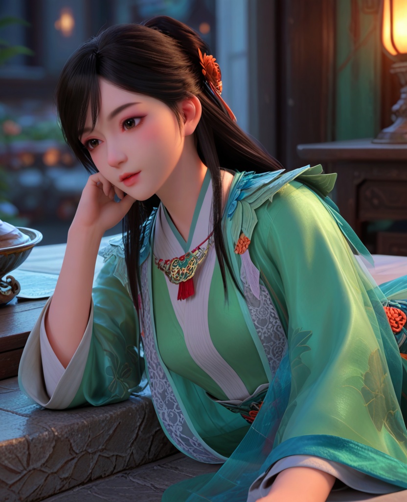 (oriental architecture, elegant decor, sophisticated style:1.1),(lying on side:1.1),(breasts:1.2),<lora:XL少年歌行叶若依:0.95>,miss yeruoyi,green dress,see-through robe,necklace,black hair,long hair,gray eyes,hair ornament,floral print,bangs,sash,hair bun,lips,, score_9,score_8_up,score_7_up,score_6_up,score_5_up,score_4_up,3d rendering,tag1,tag2, Cinematic Lighting,backlighting,