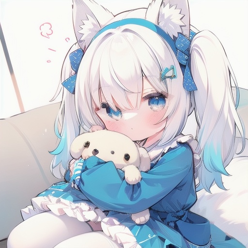 1girl,solo,long hair,looking at viewer,blush,bangs,blue eyes,blonde hair,shirt,thighhighs,long sleeves,white background,dress,bow,holding,animal ears,closed mouth,tail,white shirt,white hair,hair bow,multicolored hair,hairband,frills,striped,black thighhighs,two side up,animal ear fluff,fox ears,blue dress,fox tail,blue bow,stuffed toy,frilled dress,stuffed animal,fox girl,multiple tails,puffy long sleeves,teddy bear,striped bow,object hug,blue hairband,holding stuffed toy,kitsune,kyuubi,suzuran \(arknights\),white pantyhose,