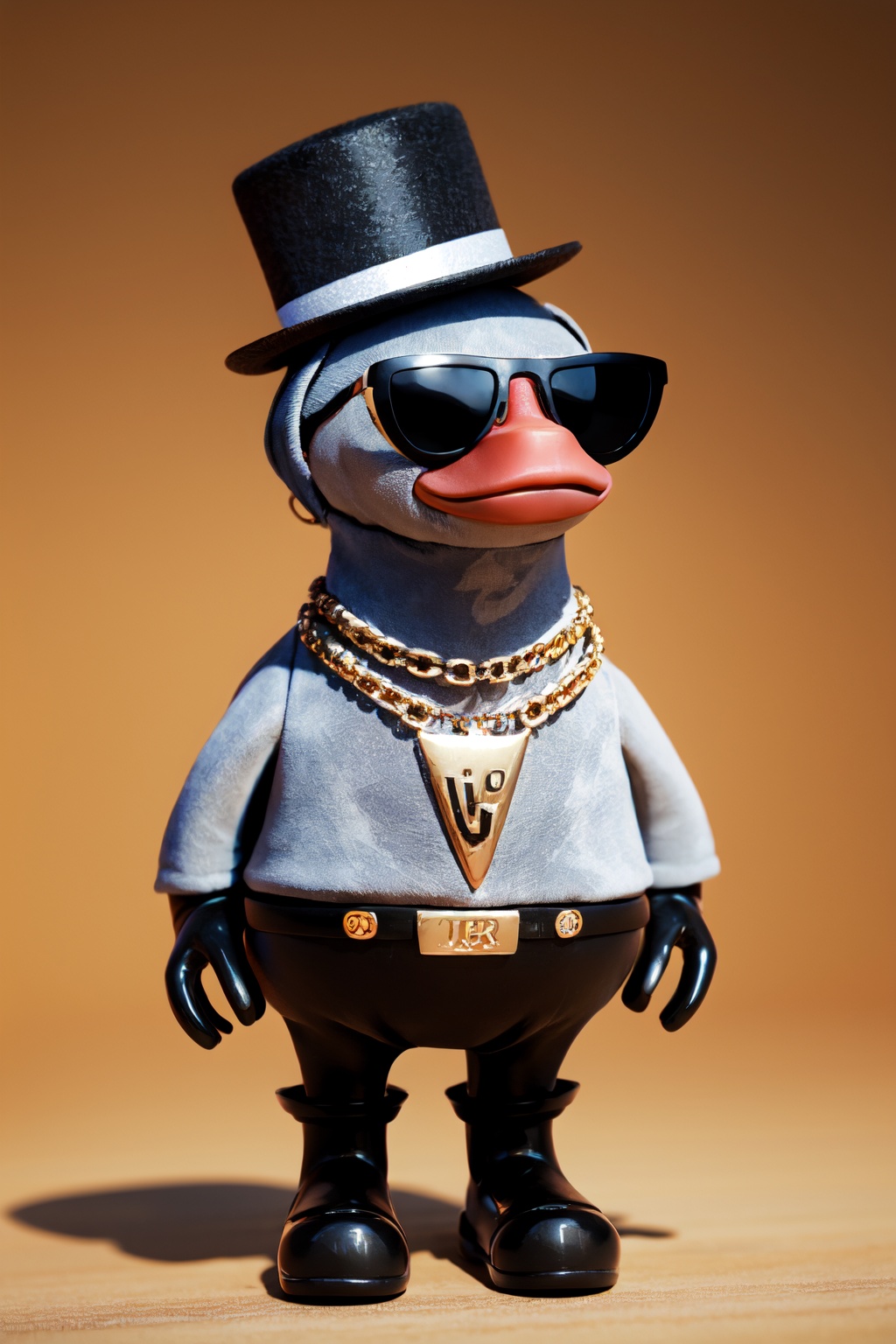 Best quality,masterpiece,ultra high res,yuan_3D_character,hat,sunglasses,solo,no humans,goose,anthro,chain,necklace,top hat,standing,jewelry,full body,simple background,lips,chain necklace,<lora:3D_character_v1.0:0.8>,