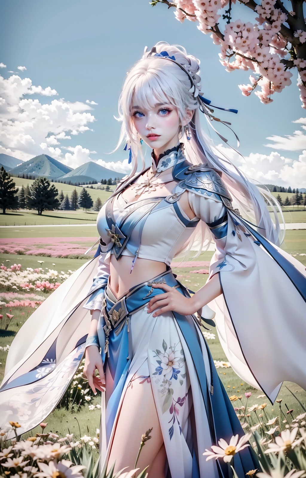 a woman in a costume standing in a field of flowers with her hands on her hips and her hair blowing in the wind,Du Qiong,final fantasy,a character portrait,fantasy art,absurdres,highres,wallpaper,colorful,thick eyebrows,pupils,bright_pupils,makeup,eyeshadow,lipstick,long_eyelashes,mascara,face_focus,eyes_focus,front view,looking_at_viewer,<lora:王者荣耀-杨玉环:0.9>,white hair,