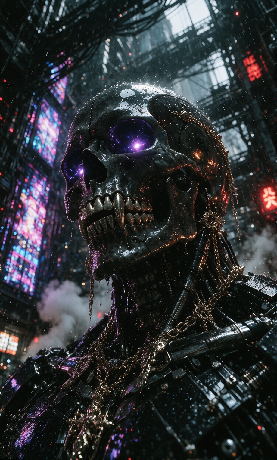 glossy black cybernetic skull,  glowing violet eyes,  razor-sharp metallic fangs on Tensor.Art