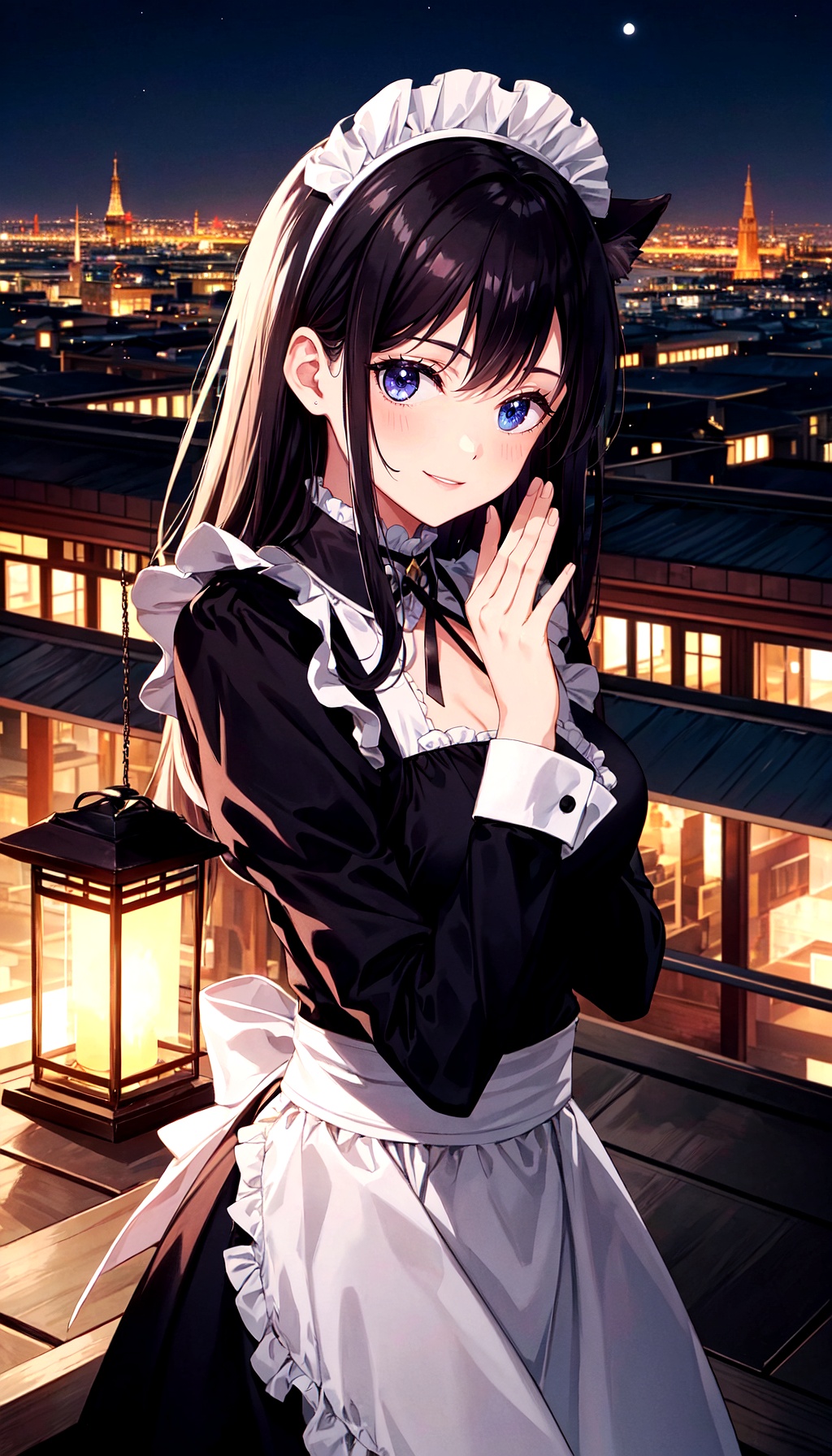 A serene,  moonlit night serves as the setting for this illustration,  featuring a dog-eared maid perched gently on the ed...