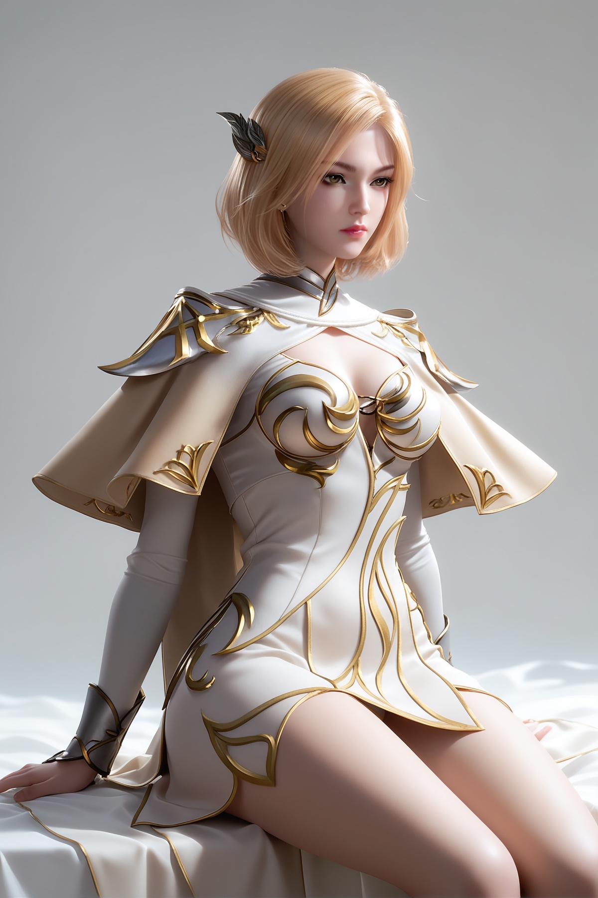 score_9,score_8_up,score_7_up,<lora:wy_huliena_XLdz:0.8>,1girl,solo,short hair,blonde hair,brown eyes,medium breasts,breasts,hair ornament,dress,capelet,thick_thighs,sitting,simple background,white_background,wetting,dark,