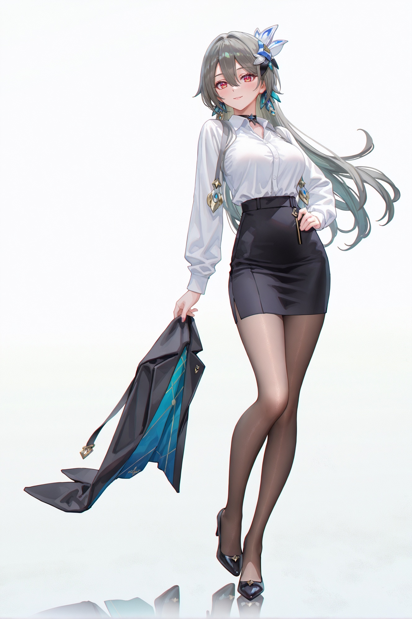 8k,best quality,masterpiece,(ultra-detailed),(high detailed skin),((artist:reoen),(artist:fuzichoco),(artist:atdan),(artist:torino_aqua),year 2024:0.8)1girl,[artist:wlop],[artist:ningen_mame],artist:ciloranko,[[artist:rhasta]],artist:tidsean,colorful,full body,full shot,standing,looking at viewer,(solo:1.2),simple background,(white background:1.2),hand on own hip,(white background:1.1),<lora:vita-noob-Tanger-000012:0.8>,vita,1girl,long hair,hair between eyes,grey hair,jewelry,hair ornament,skirt,office lady,shirt,pencil skirt,pantyhose,white shirt,high heels,black skirt,breasts,black footwear,long sleeves,alternate costume,high-waist skirt,brown pantyhose,contemporary,shirt tucked in,large breasts,thighs,black pantyhose,blush,smile,miniskirt,sidelocks,medium breasts,collared shirt,