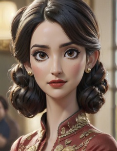 1girl,solo,earrings,jewelry,hair ornament,black hair,blurry background,parted lips,chinese clothes,blurry,hair bun,realistic,upper body,lips,brown eyes,red lips,single hair bun,dress,big head, masterpiece,best quality,8k,insane details,intricate details,high detail,((masterpiece)), ((best quality)),