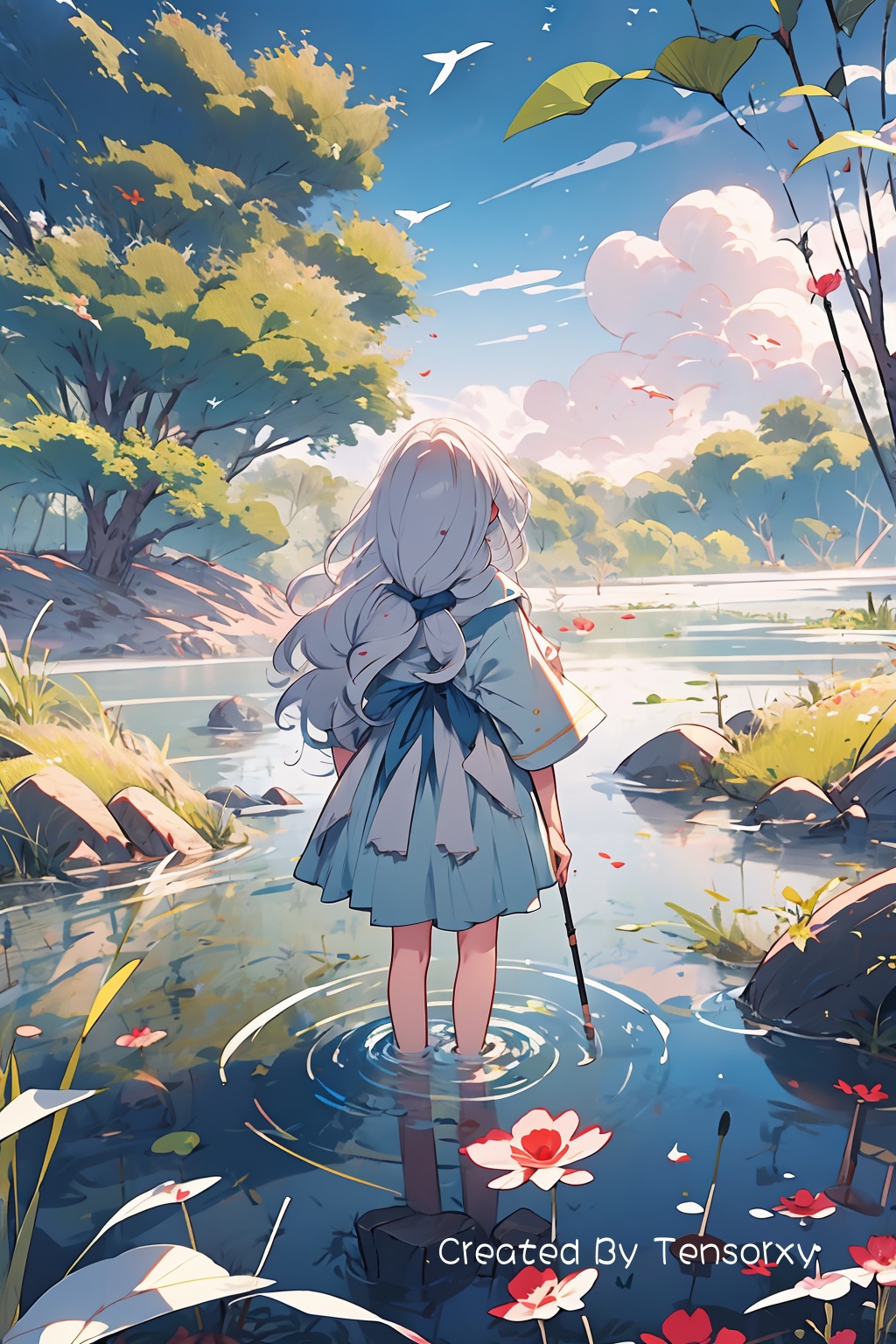 1girl, solo, long_hair, very_long_hair, standing, white_hair, grey_hair, outdoors, sky, day, water, from_behind, tree, grass, wading, facing_away