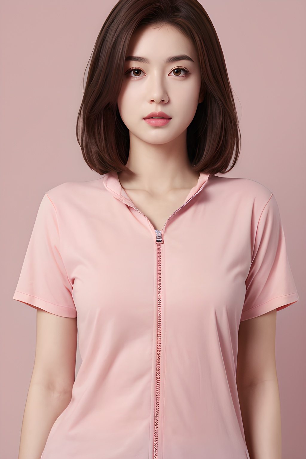 <lora:0816_10:0.7>,partially_unzipped,pink,short sleeve T-shirts,simple background,, 1girl,realistic,masterpiece, best quality, photorealistic, HDR,detail
