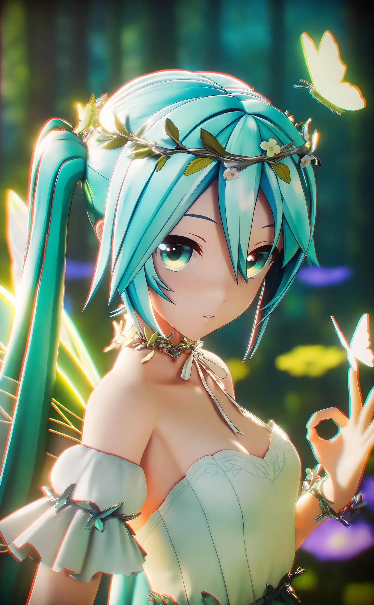 masterpiece,absurdres,best quality,loli,petite,high quality,chromatic_aberration,//,1girl,hatsune_miku,solo,wings,bug,long_hair,blurry,butterfly,twintails,blurry_background,dress,very_long_hair,breasts,fairy_wings,jewelry,depth_of_field,cleavage,aqua_hair,looking_at_viewer,insect_wings,butterfly_wings,nature,hair_between_eyes,strapless_dress,upper_body,bare_shoulders,fairy,flower,white_dress,bracelet,butterfly_on_hand,open_mouth,head_wreath,green_eyes,strapless,forest,detached_sleeves,aqua_eyes,transparent_wings,medium_breasts,outdoors,necklace,short_sleeves,ok_sign,collarbone,parted_lips,choker,small_breasts,green_wings,from_side,flower_wreath,//,Depth of field,(colorful),hdr,Tyndall effect,depth of field,Tyndall Effect,blurry,blurry_background,depth_of_field,bokeh,glowing,//,Depth of field,(colorful),hdr,Tyndall effect,depth of field,Tyndall Effect,blurry,blurry_background,depth_of_field,bokeh,glowing,//,<lora:MMDguangwuran5——【noob】hans:1.1>,