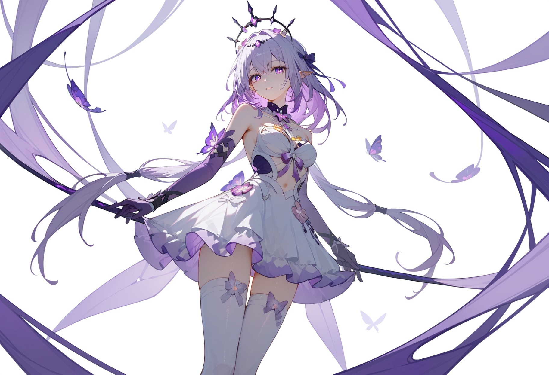 <lora:瑕蝶pony:1>,xiadie,a girl named xiadie,1girl,solo,bare shoulders,white dress,black gloves,purple gloves,elbow gloves,purple flower,white thighhighs,, (score_9,score_8_up,score_7_up),(masterpiece,best quality,high quality:1.2),absurdres, prefect lighting, very aesthetic, anime BREAK