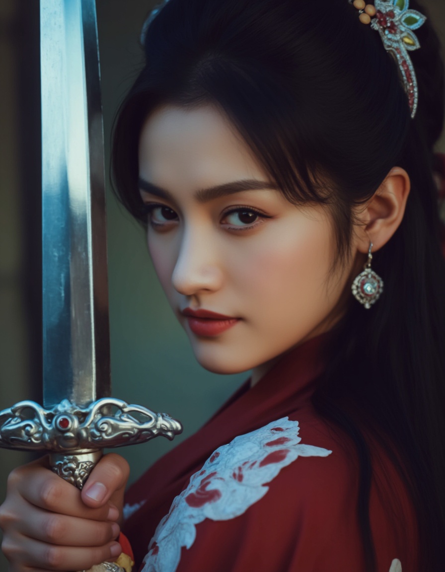 The image depicts a close-up of a woman holding a sword. She has long,dark hair adorned with intricate jewelry,including a headpiece and earrings. Her attire appears to be a red garment with floral patterns. The sword she holds is ornate,with a silver hilt and a blade that reflects light,giving it a shiny appearance. The background is blurred,focusing attention on the woman and her sword.,