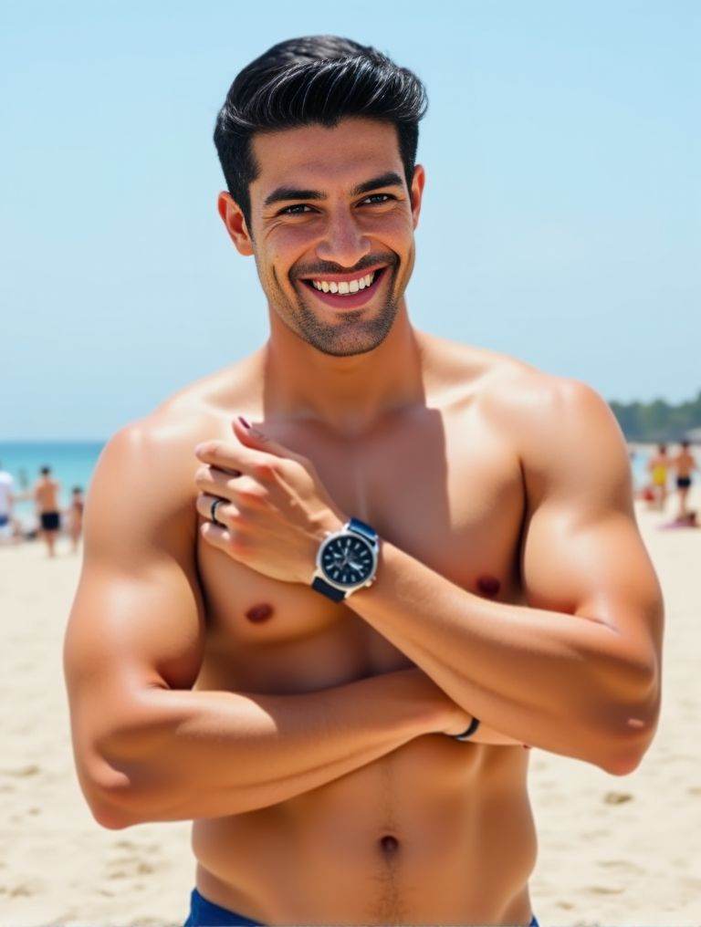 Harman Singha ,  looking handsome by the beach. homoerotic. wearing only speedos. wearing specs with circular frame. smili...