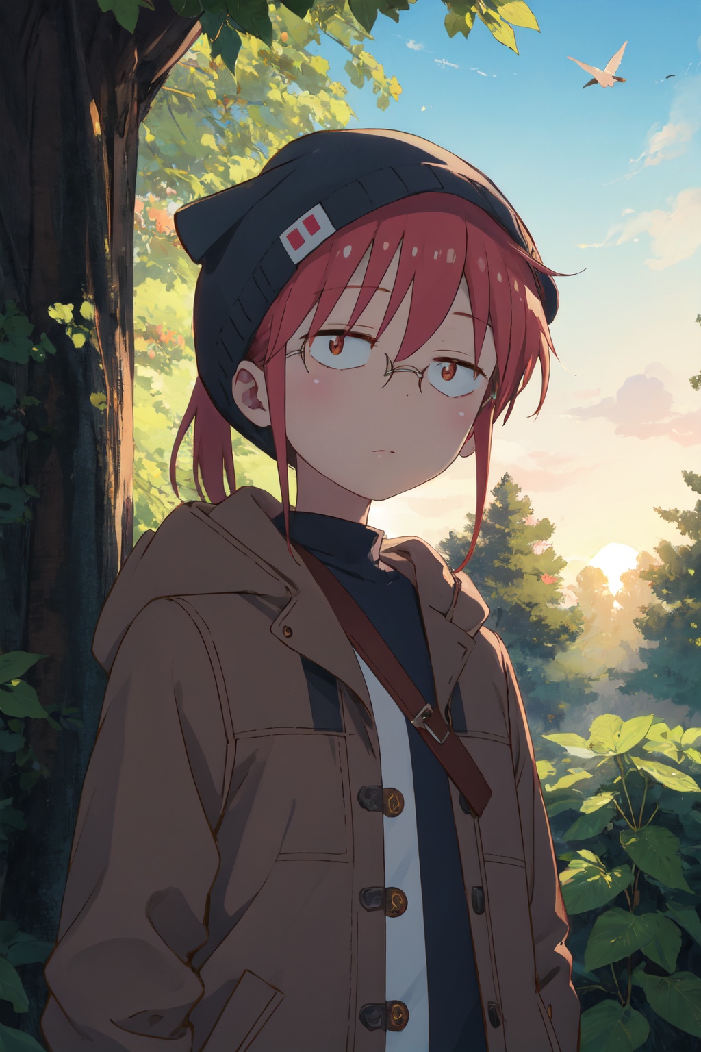 <lora:Kobayashi-000010:0.8>,kobayashi cyql,1girl,looking at viewer,solo,glasses,red hair,ponytail,brown eyes,sidelocks,Quilted puffer coat with a detachable faux fur hood in a trendy pastel shade,bored,portrait,Amidst the dense foliage, towering ancient trees block out the sun while vines intertwine, and brightly hued birds dart about. The occasional monkey's call echoes,(Rose bushes, Trellises, Garden path, Rose fragrance, English elegance, Rose petals:0.5),beautiful detailed sky,beautiful detailed glow,posing in front of a colorful and dynamic background,masterpiece,best quality,beautiful and aesthetic,contrapposto,female focus,wallpaper,