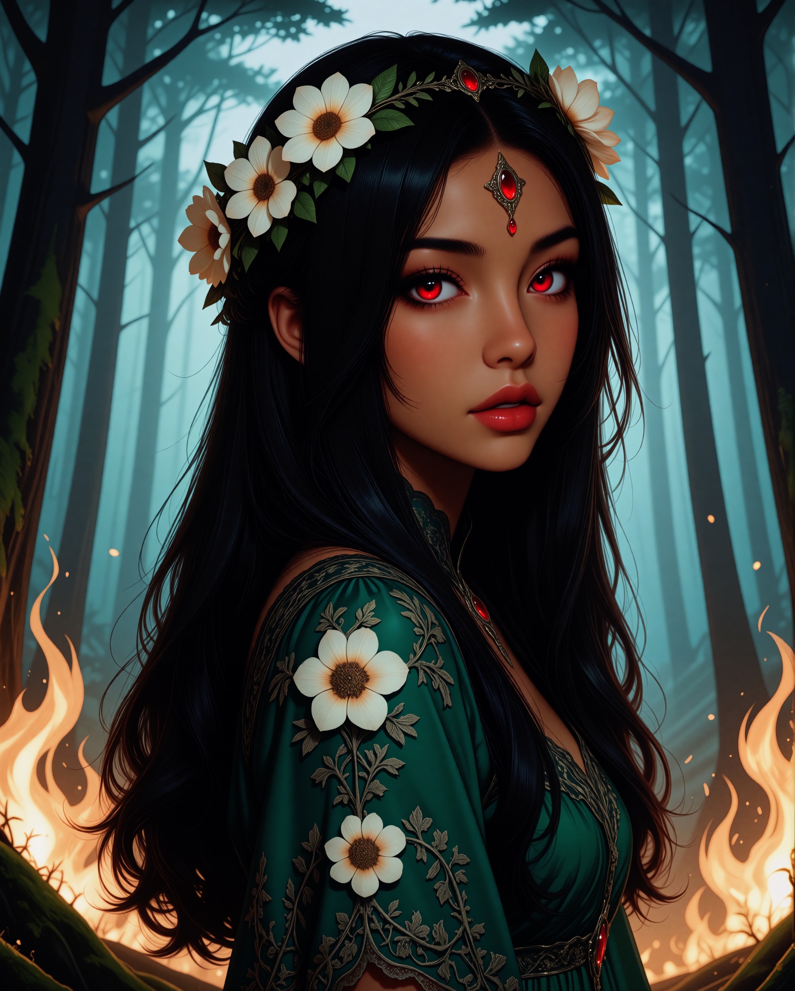 A beautiful woman with long black hair,  adorned with a floral crown,  stands in the middle of the image on Tensor.Art