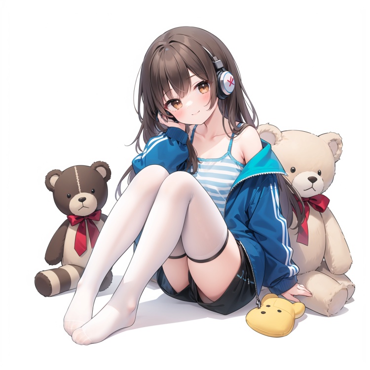 1girl, teddy bear, solo, thighhighs, long hair, stuffed animal, stuffed toy, headphones, short shorts, no shoes, brown eyes, striped, shorts, jacket, sitting, very long hair, long sleeves, bangs, camisole, closed mouth, looking at viewer, black shorts, white background, striped thighhighs, blush, smile, knees up, open jacket, blue jacket, open clothes, brown hair, collarbone, simple background, bare shoulders, off shoulder, scissors, full body,